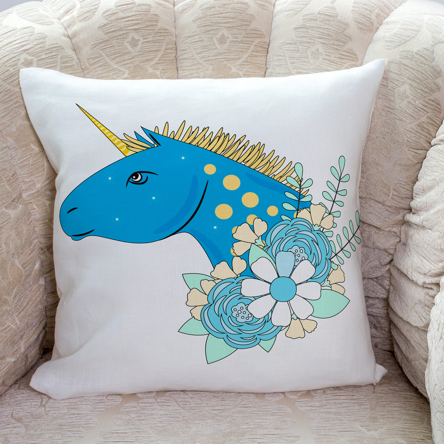 Cute pillow with unicorn print.