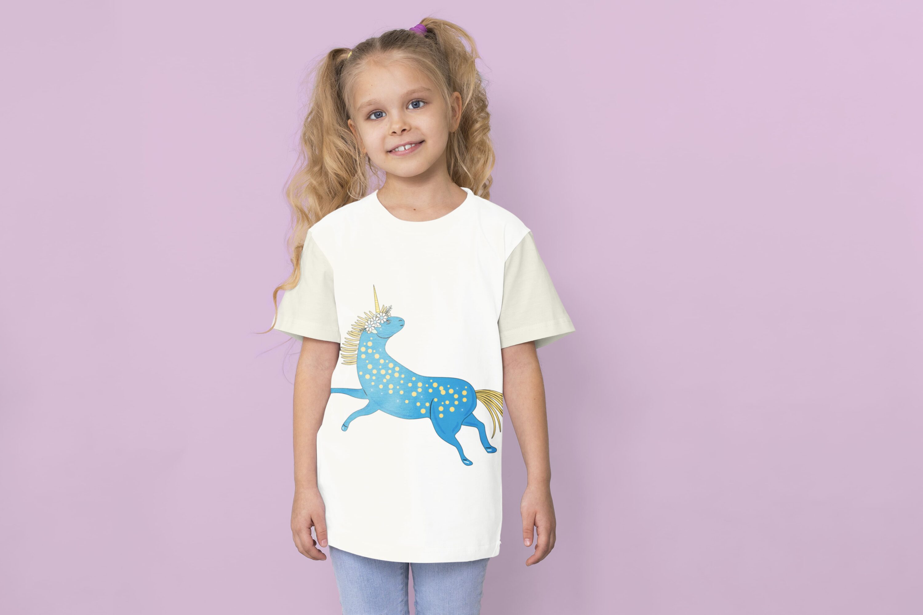A white t-shirt with a blue unicorn on a girl on a lavender background.