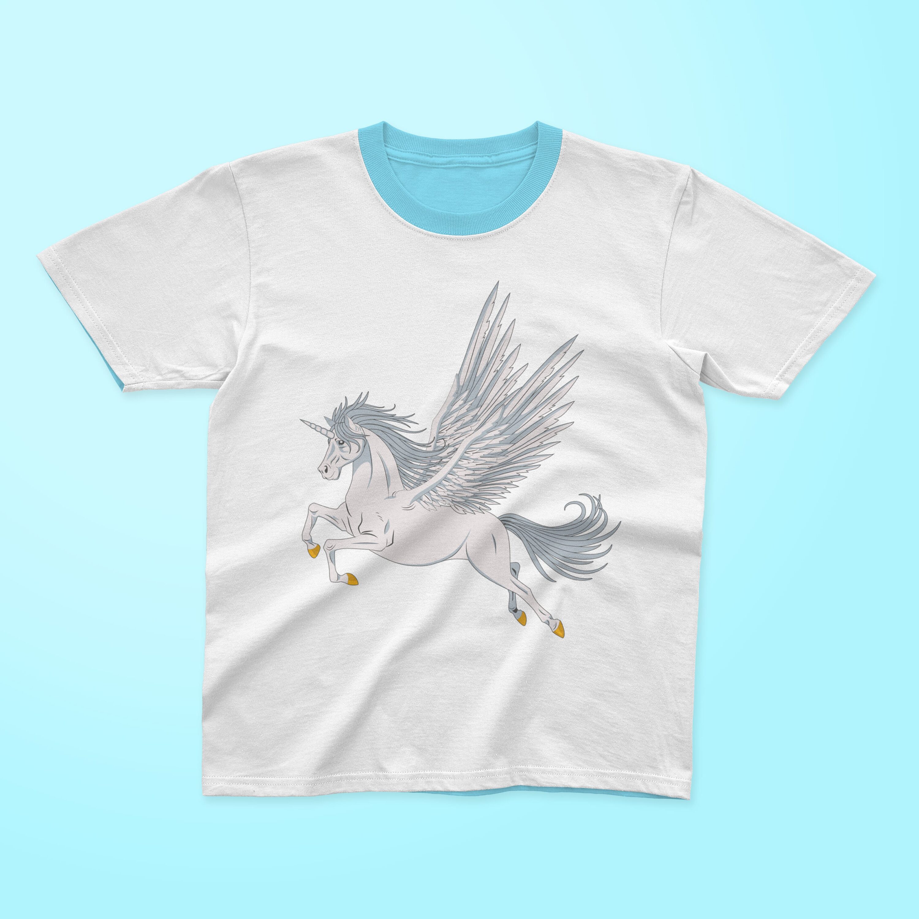 White t-shirt with a blue collar and an image of a flying unicorn on a light blue background.