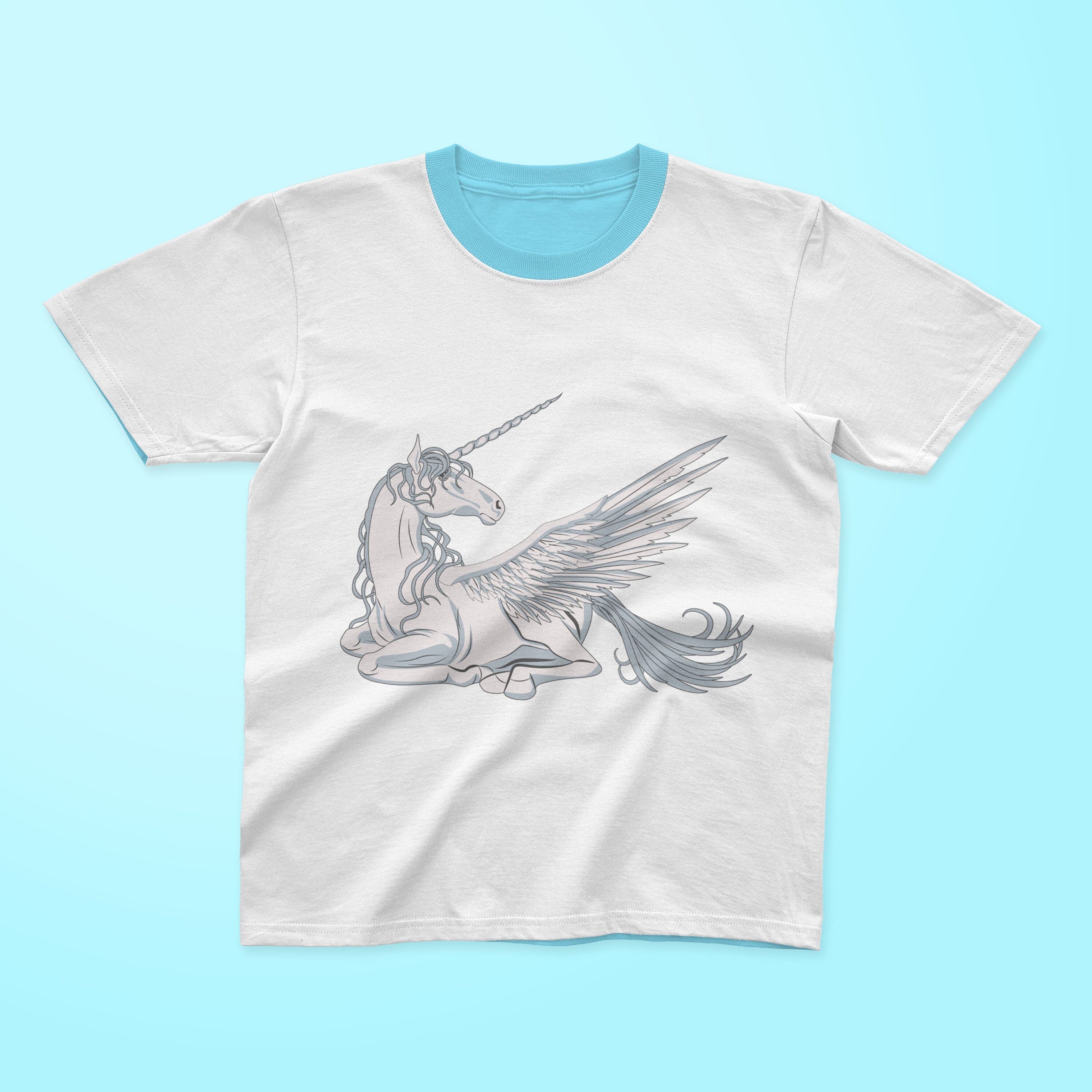 White t-shirt with a blue collar and an image of a lying unicorn on a light blue background.