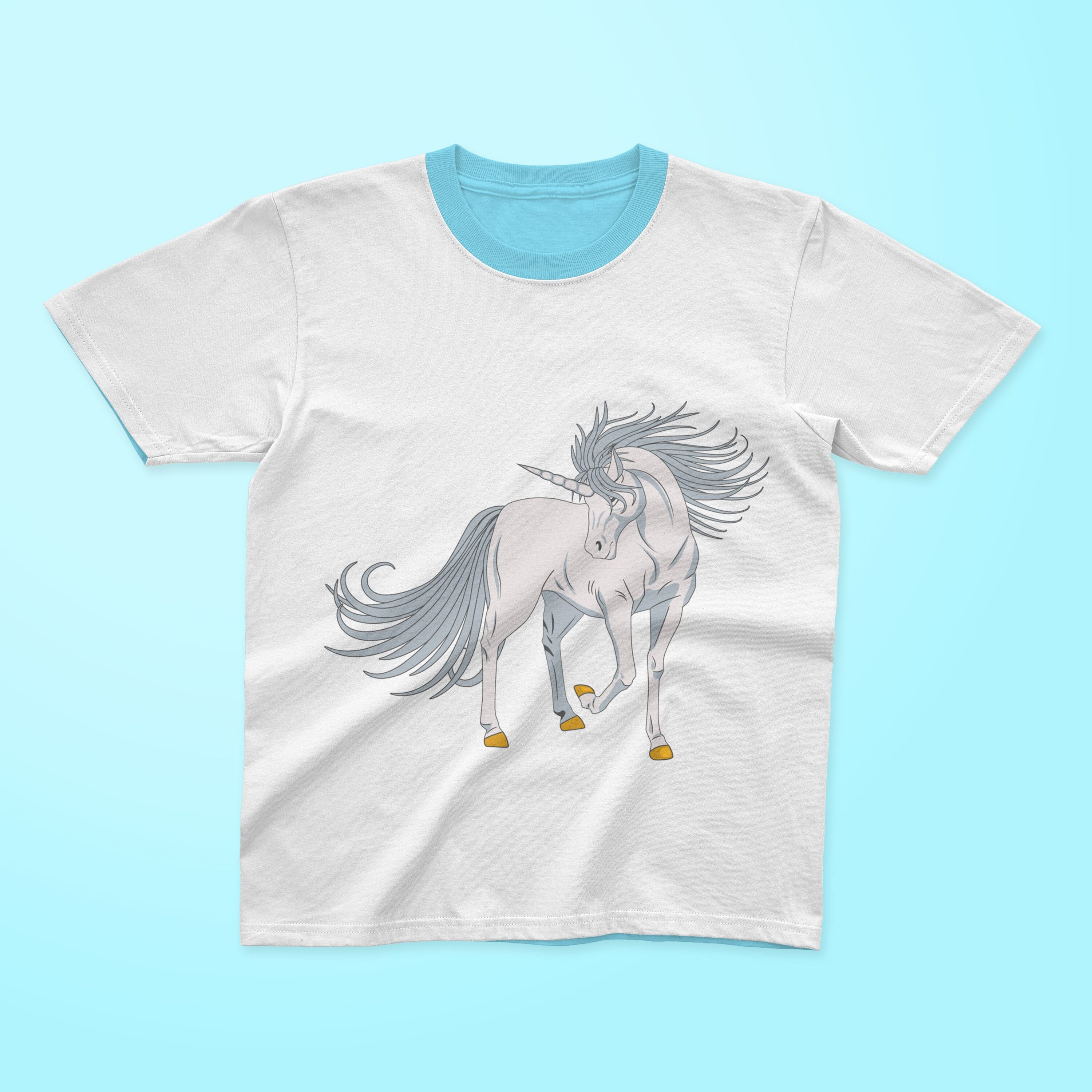 White t-shirt with a blue collar and an image of a unicorn on a light blue background.