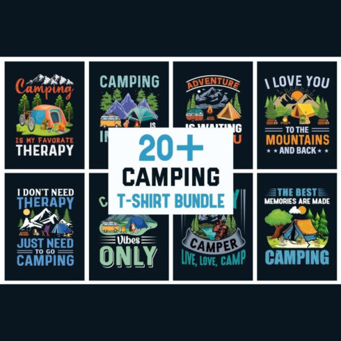 Collection of colorful images on the theme of camping.