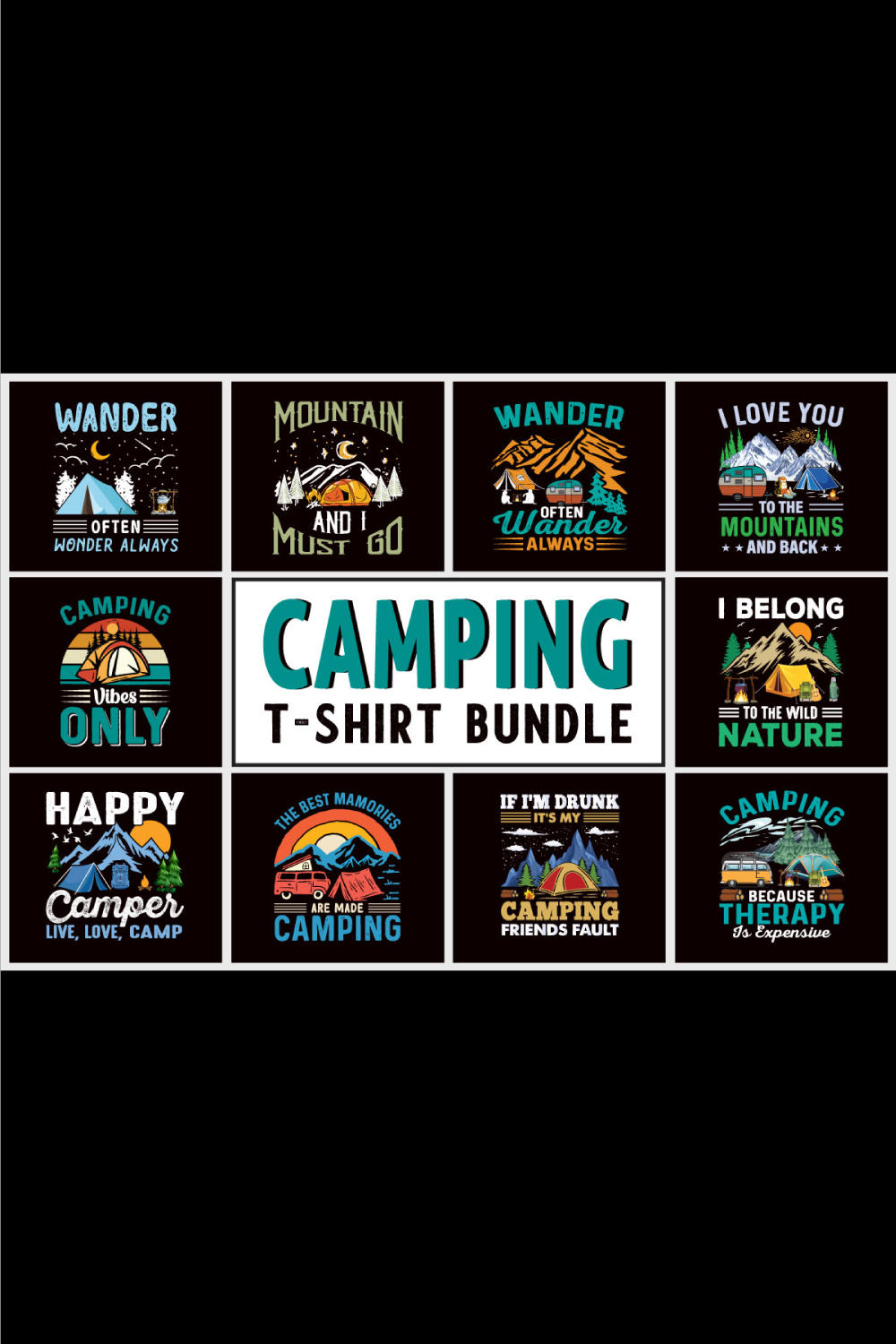 Collection of colorful images on the theme of camping.