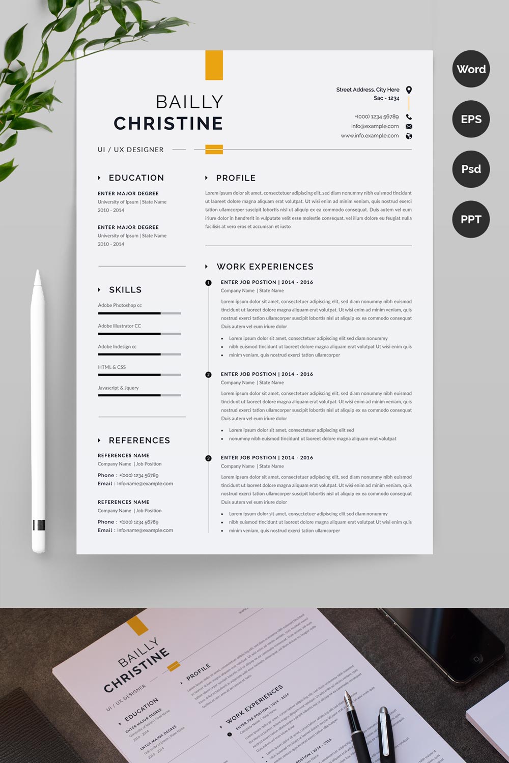 Professional resume template with a yellow stripe.