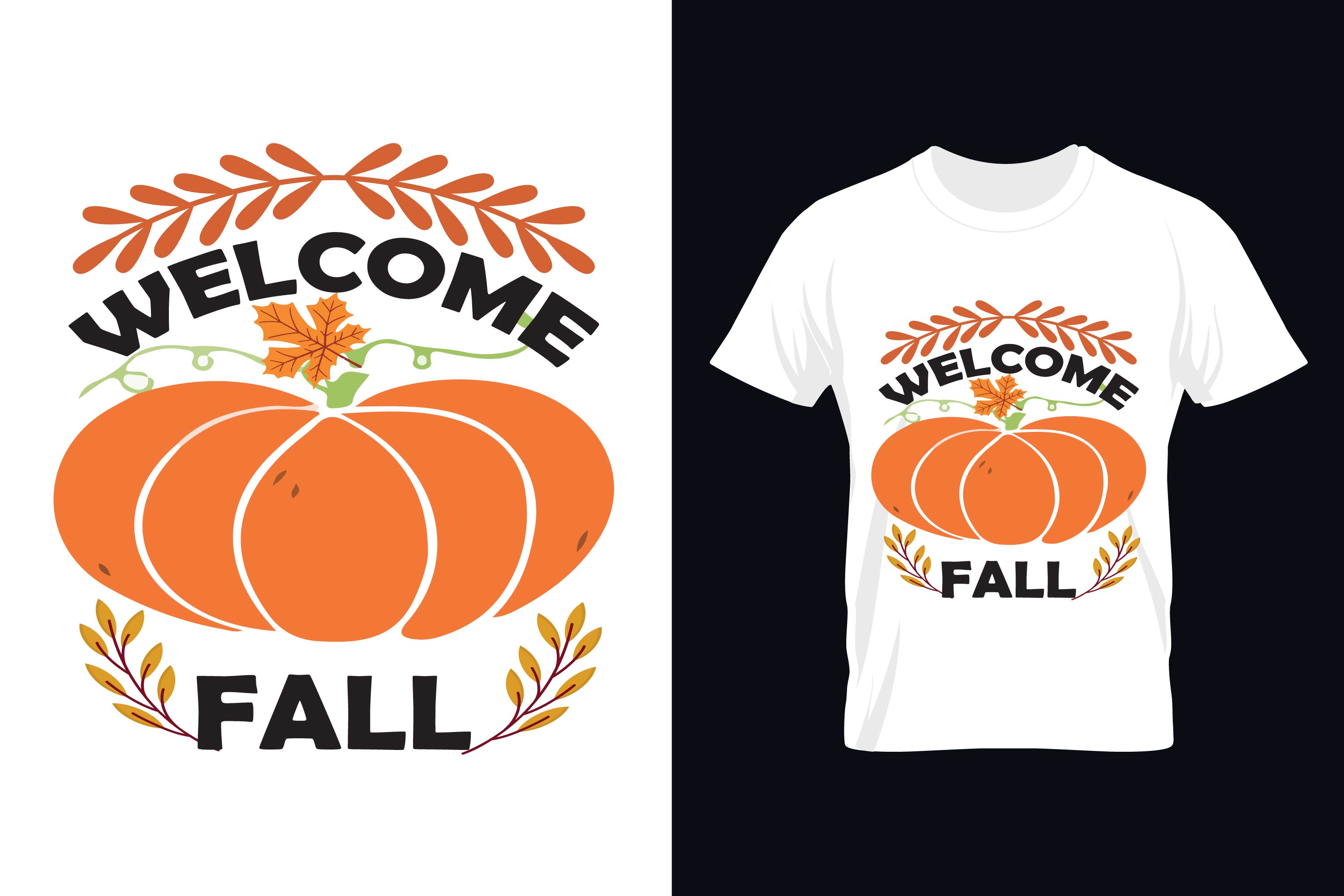 Image of a white t-shirt with a beautiful print of a pumpkin and an inscription on the theme of autumn.