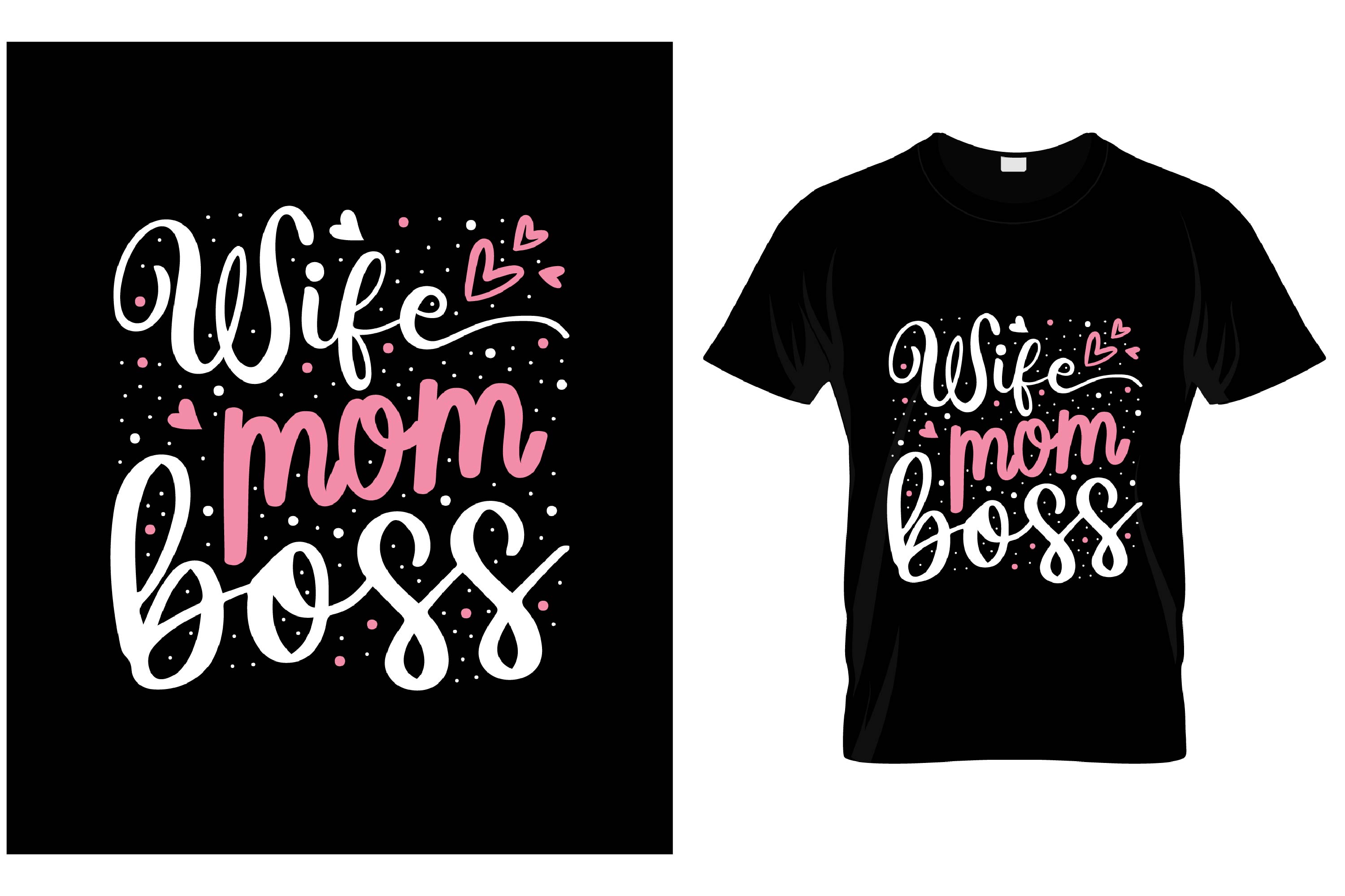 Image of a black t-shirt with an adorable print of pink and white about mom.