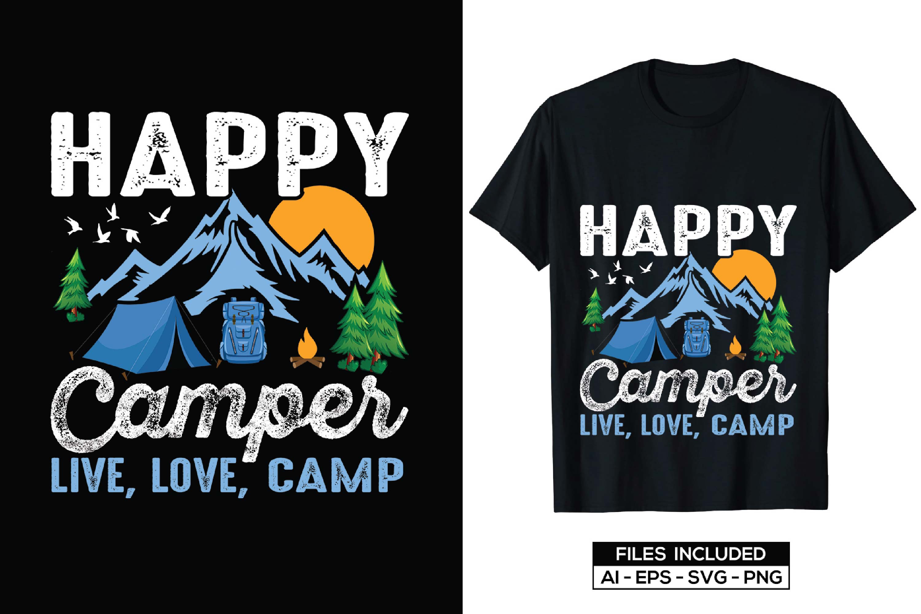 Image of a black t-shirt with a great camping themed print.
