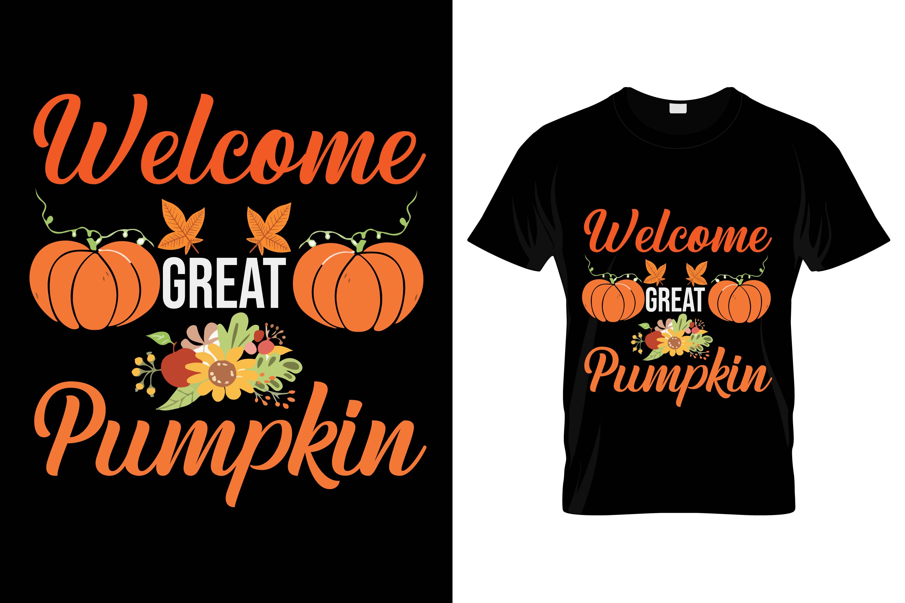 The image of a black t-shirt with a unique print on the theme of autumn and autumn flowers and pumpkin.