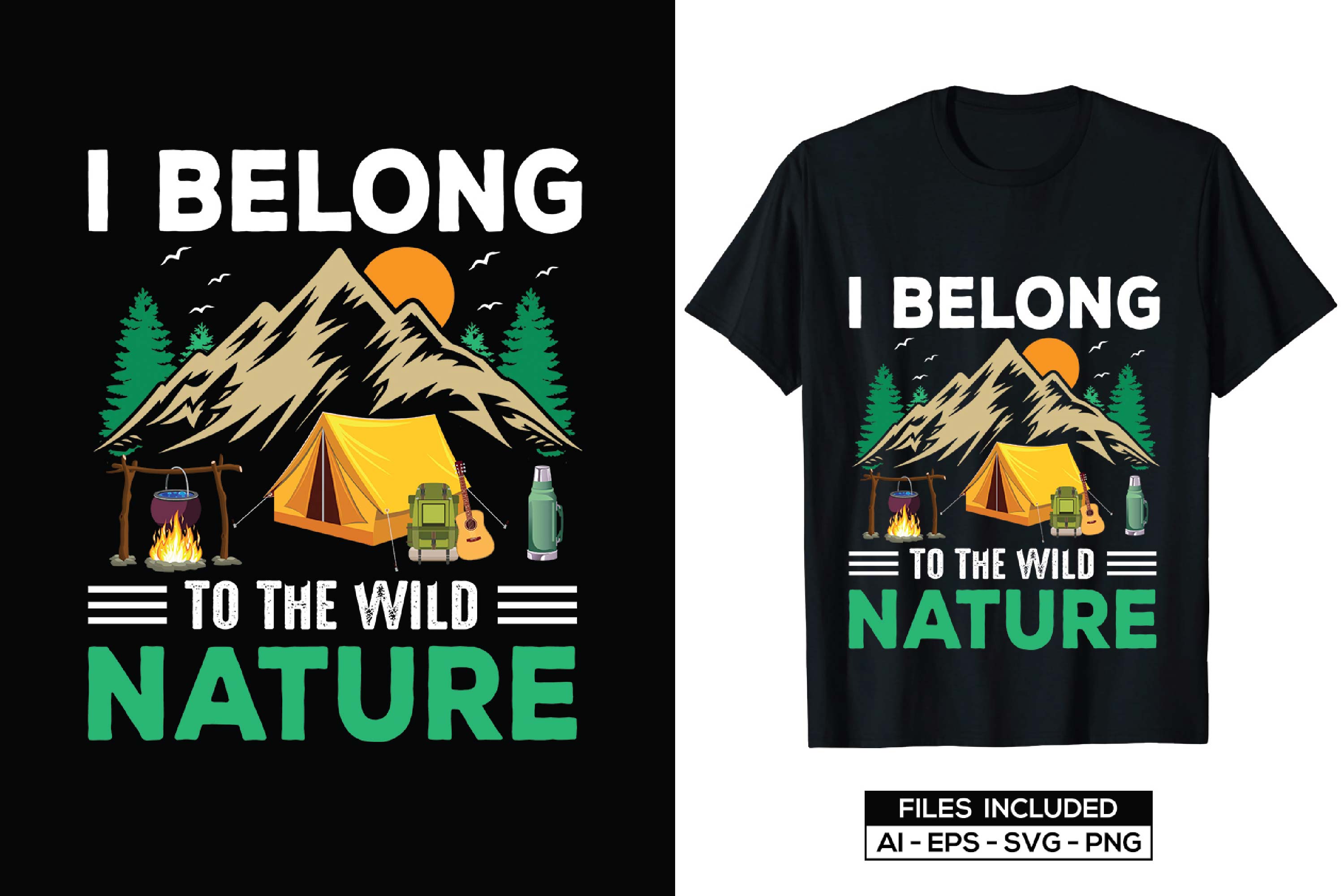 Image of a black t-shirt with a charming print on the theme of camping.