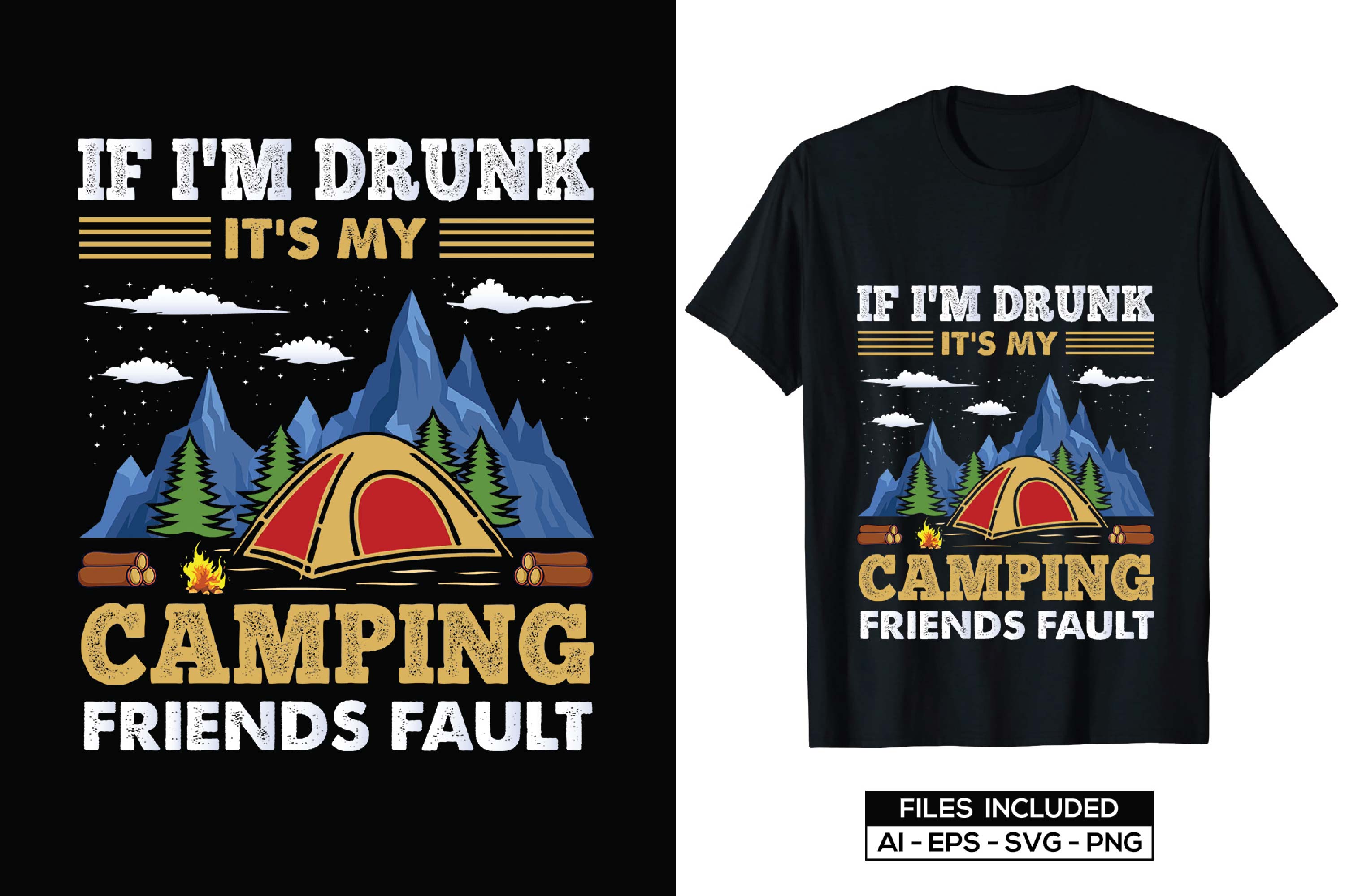 Image of a black t-shirt with a colorful camping theme print.