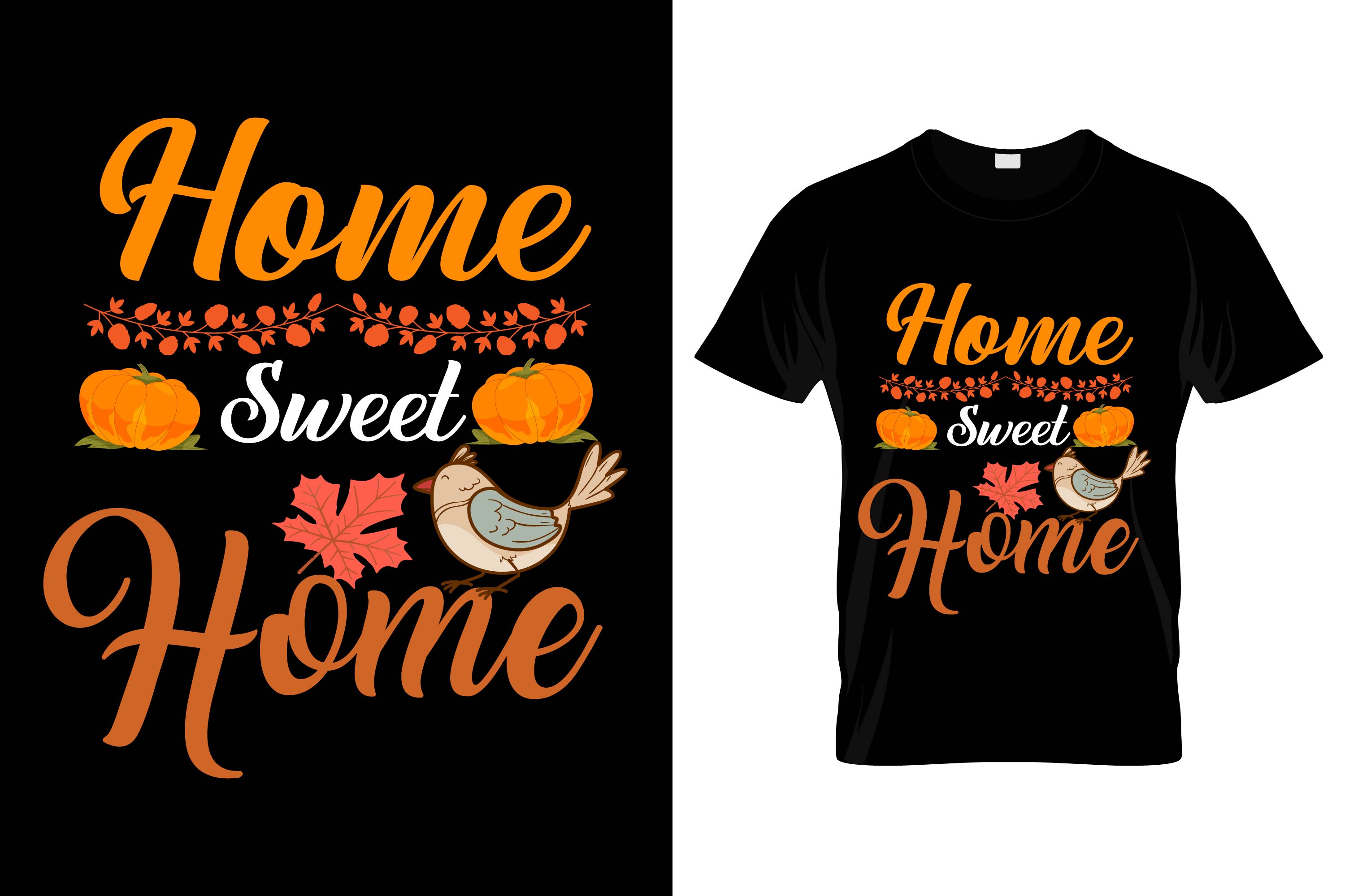 Image of a black t-shirt with a gorgeous print on the theme of autumn.