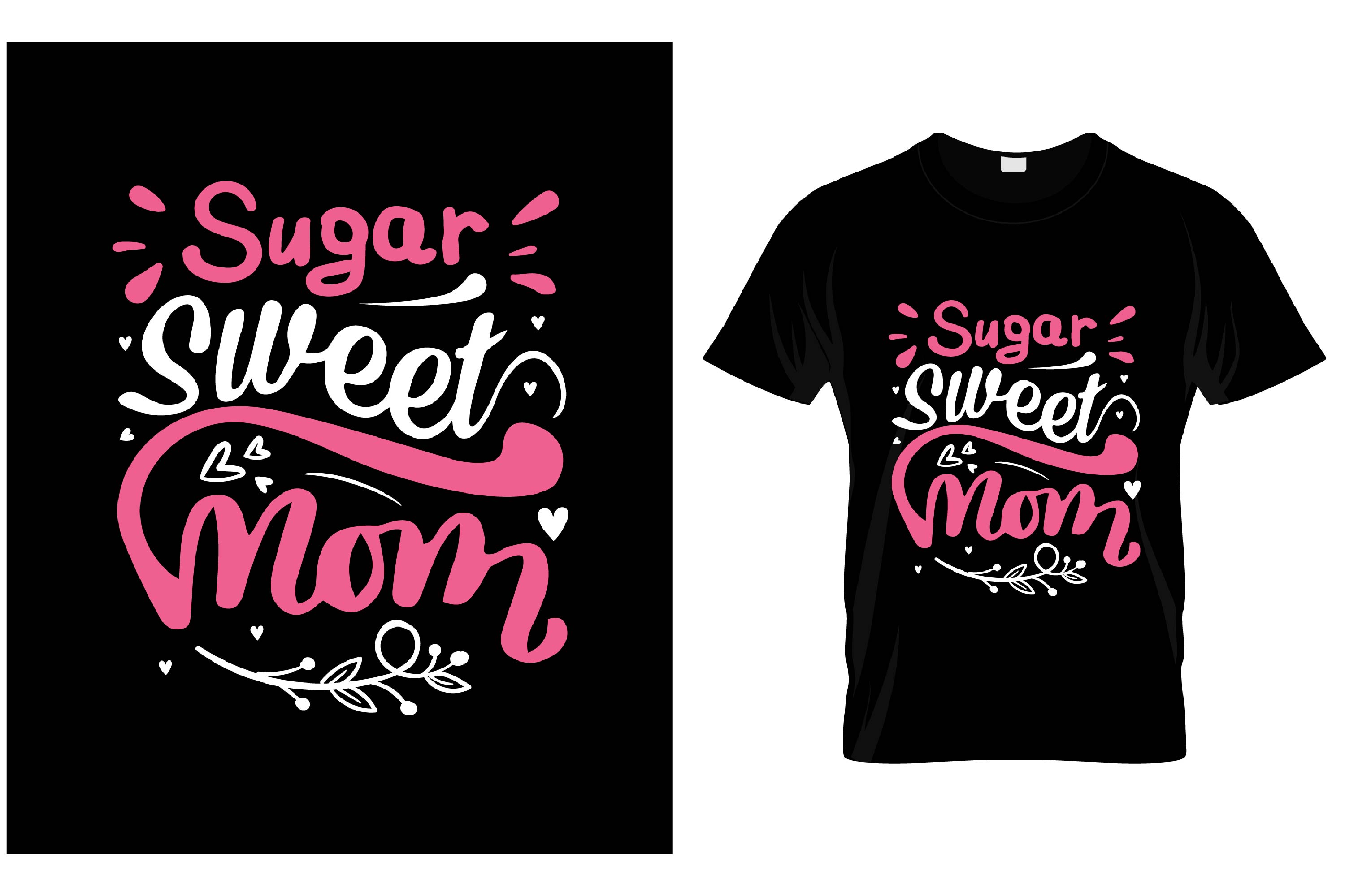 Image of a black t-shirt with a colorful print of pink and white about mom.