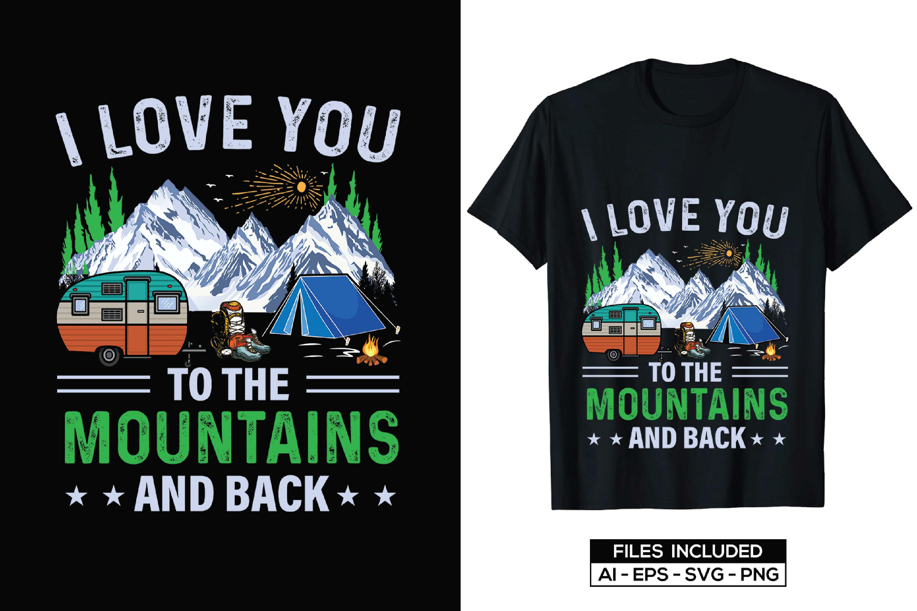 Image of a black t-shirt with a beautiful print on the theme of camping.