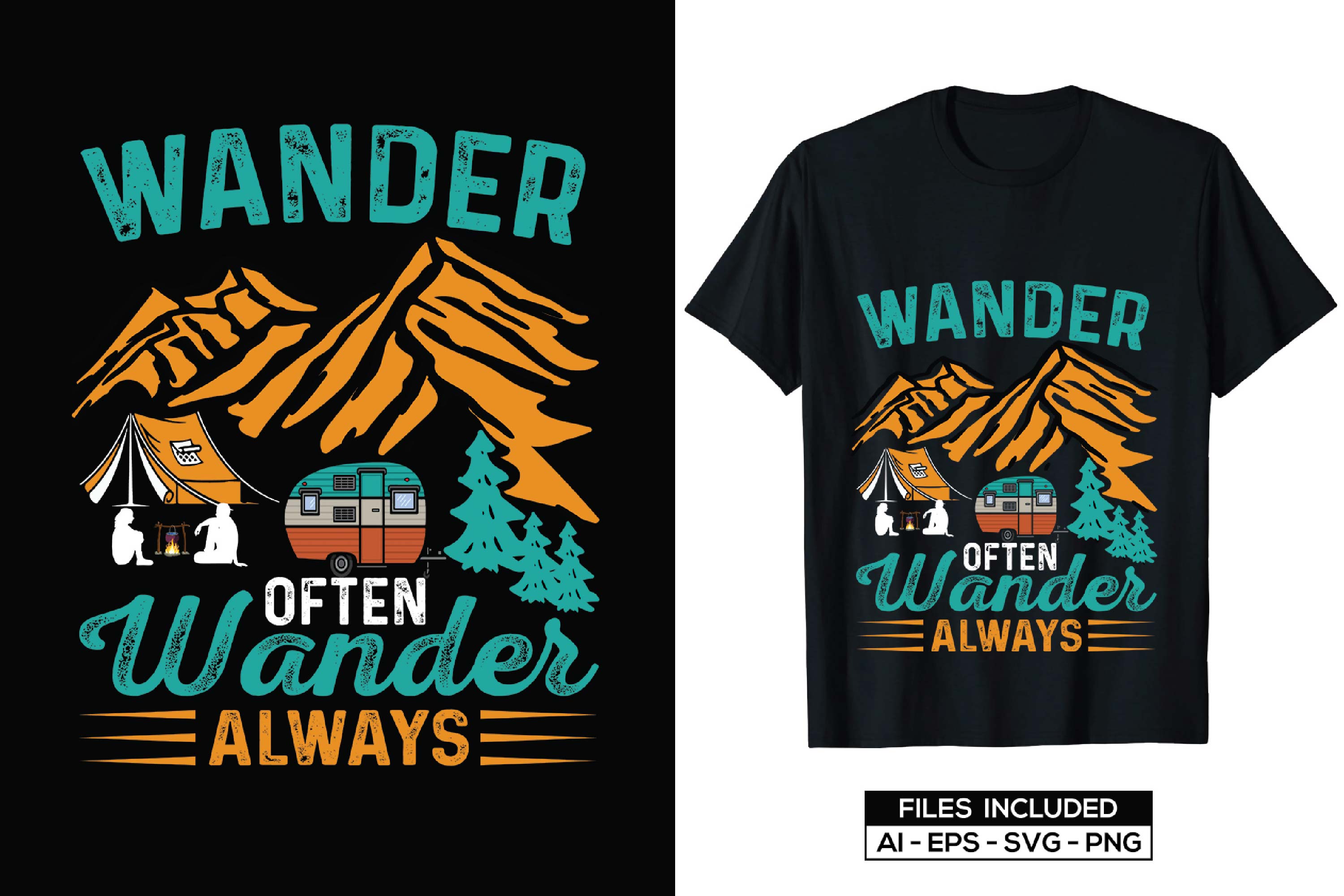 Image of a black T-shirt with an irresistible print on the theme of camping.