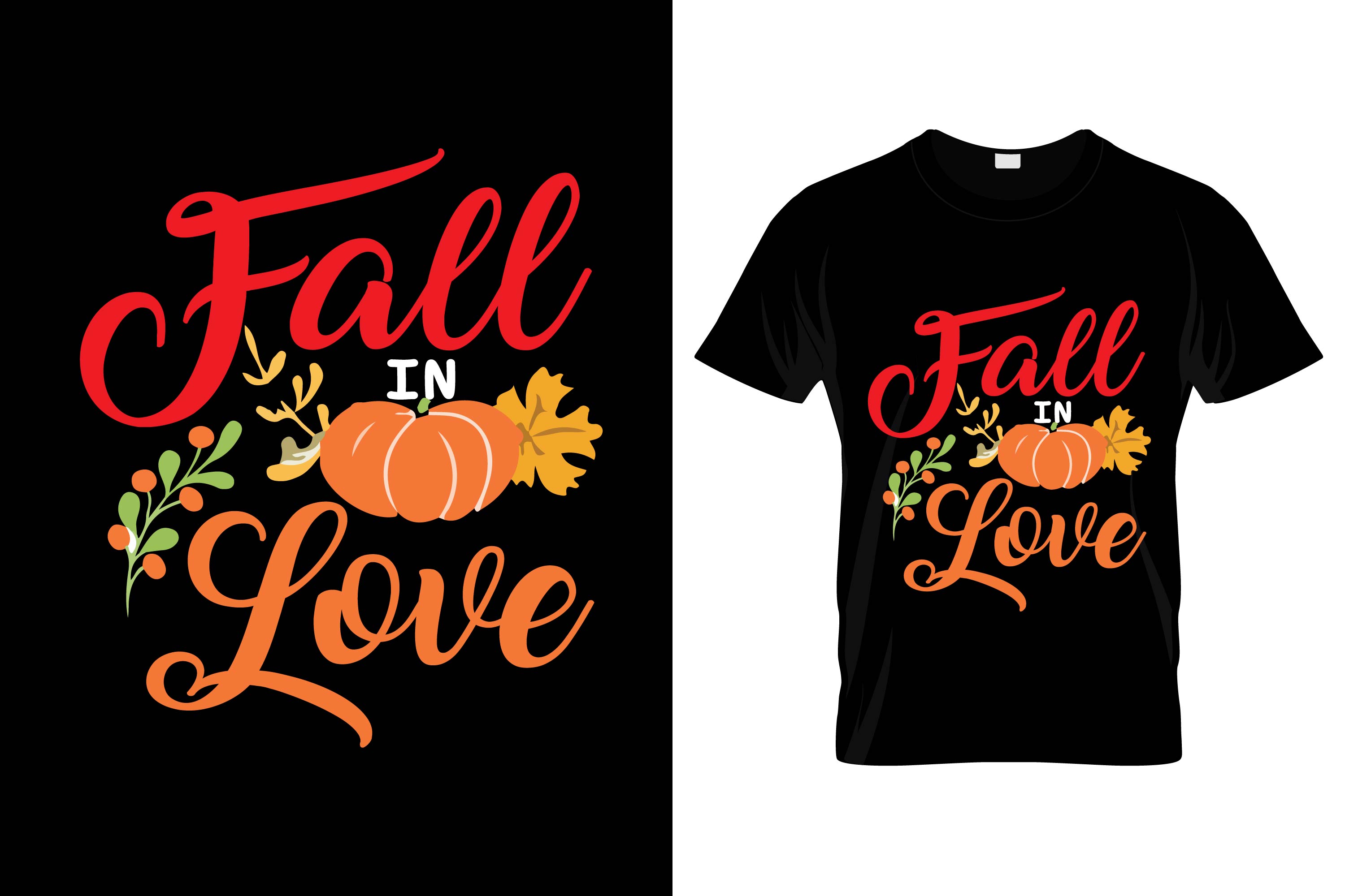 Image of black t-shirt with colorful pumpkin print and lettering.