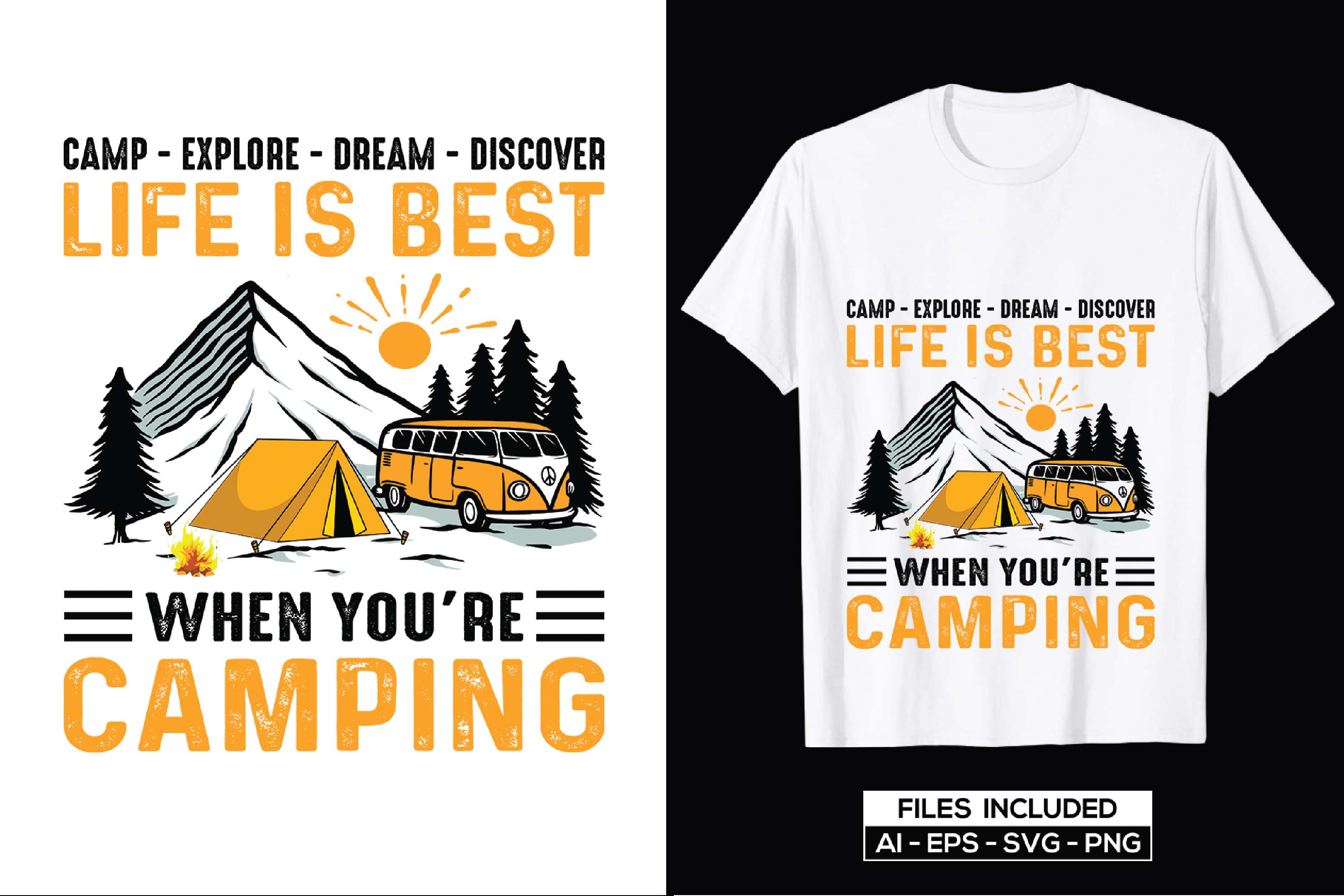 Image of a white t-shirt with a gorgeous camping themed print and a colorful landscape.