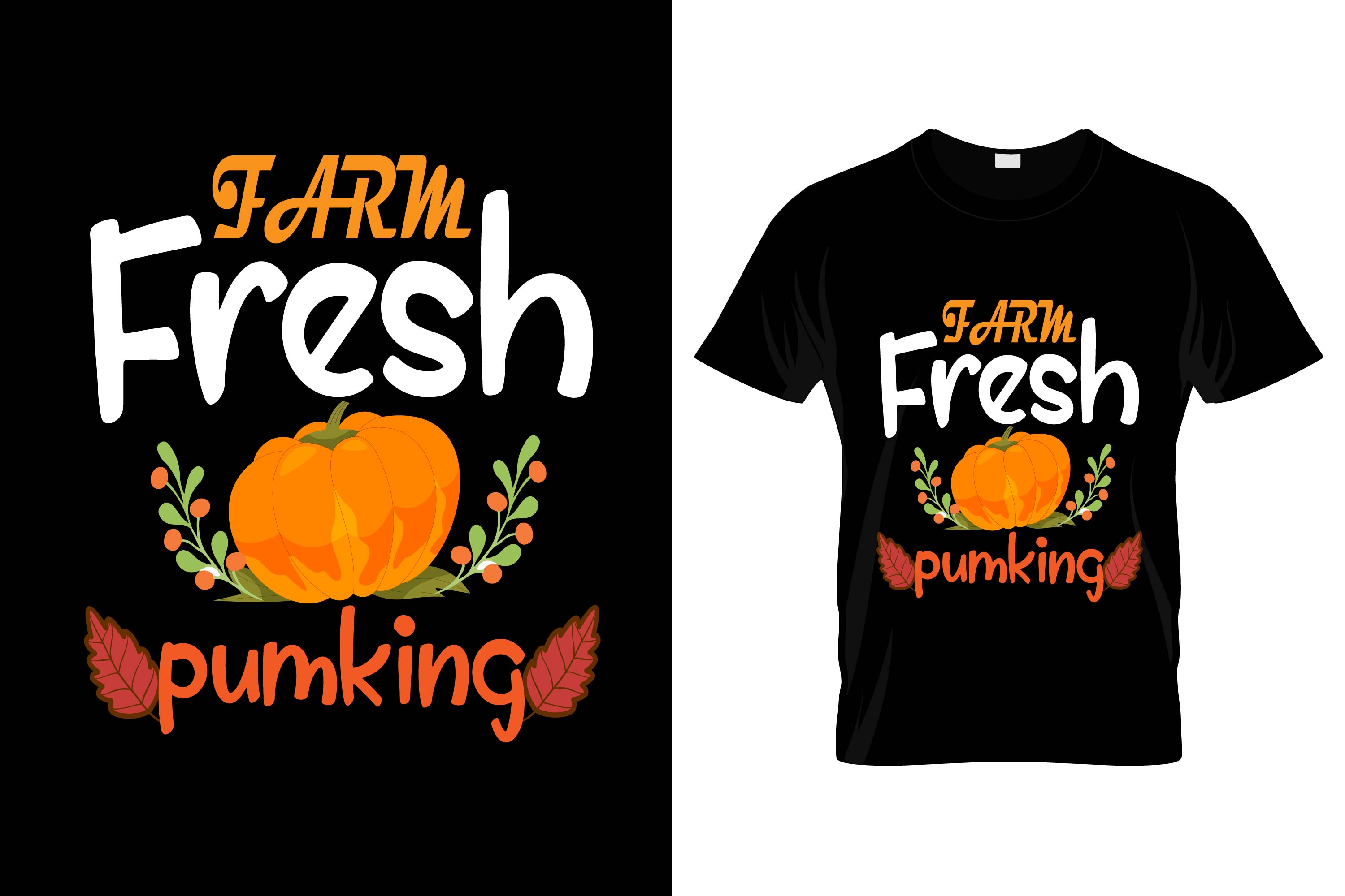 Image of a black t-shirt with a beautiful pumpkin print and lettering.