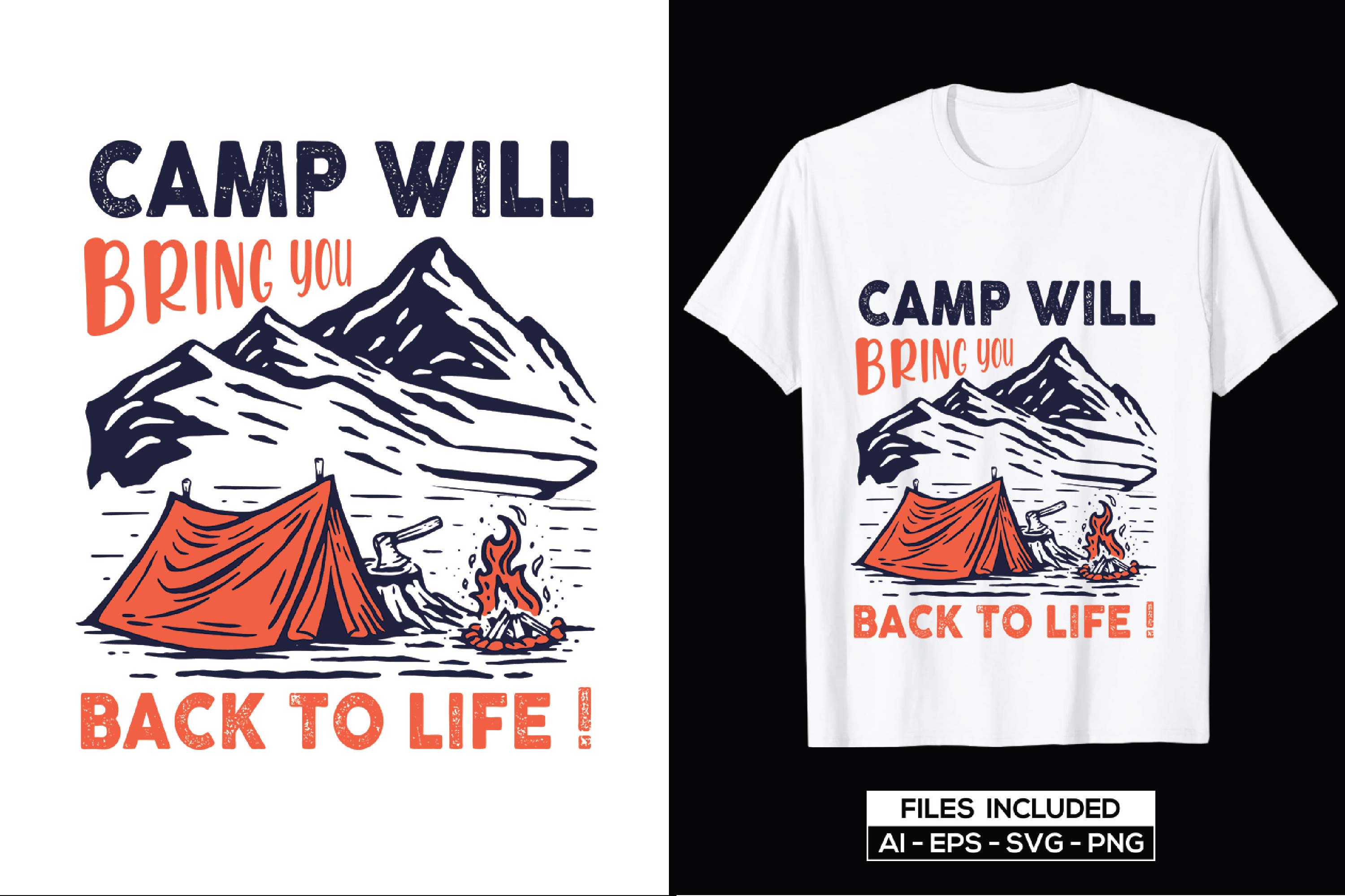 Picture of a white t-shirt with an adorable camping themed print and a colorful landscape.