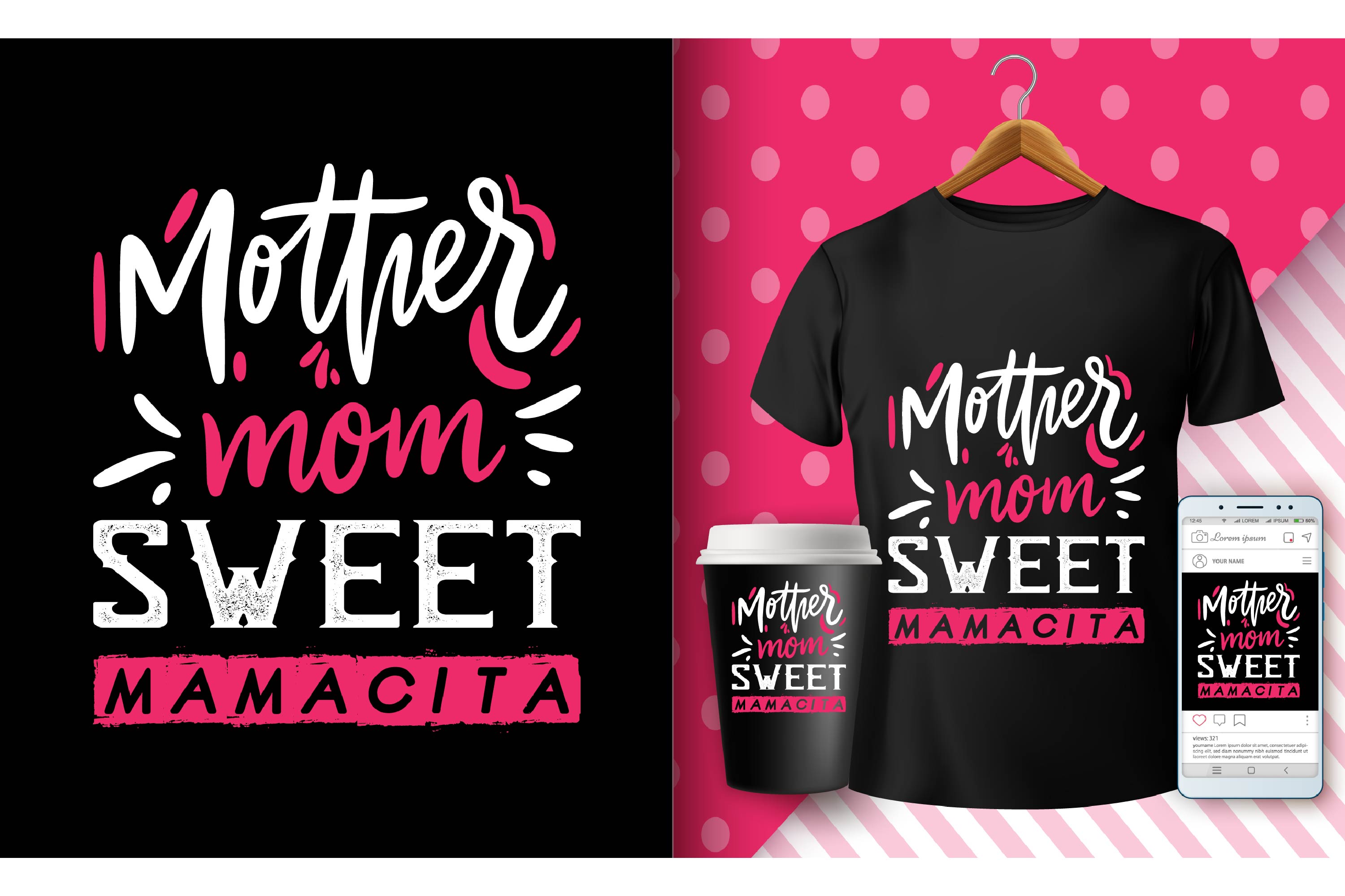 Image of a black t-shirt and a paper cup with a beautiful print of red and white about mom.