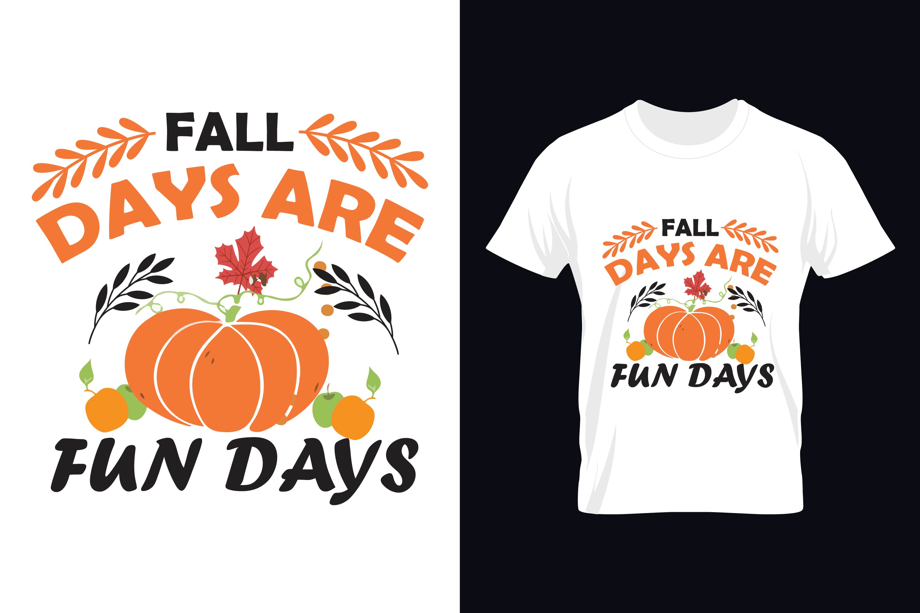 Image of a white t-shirt with a gorgeous pumpkin print and lettering on the theme of autumn.