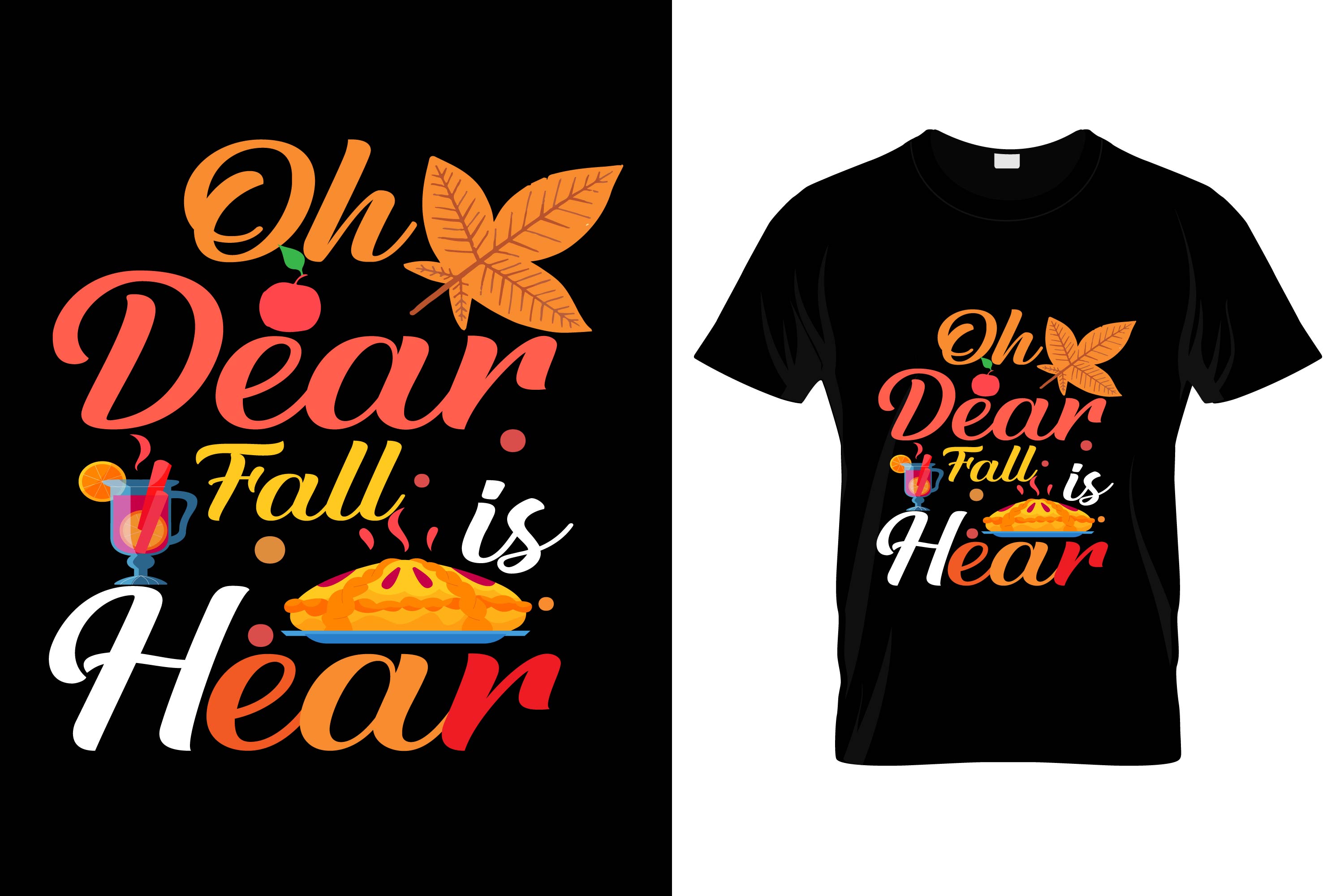 Image of a black t-shirt with an irresistible print on the theme of autumn.