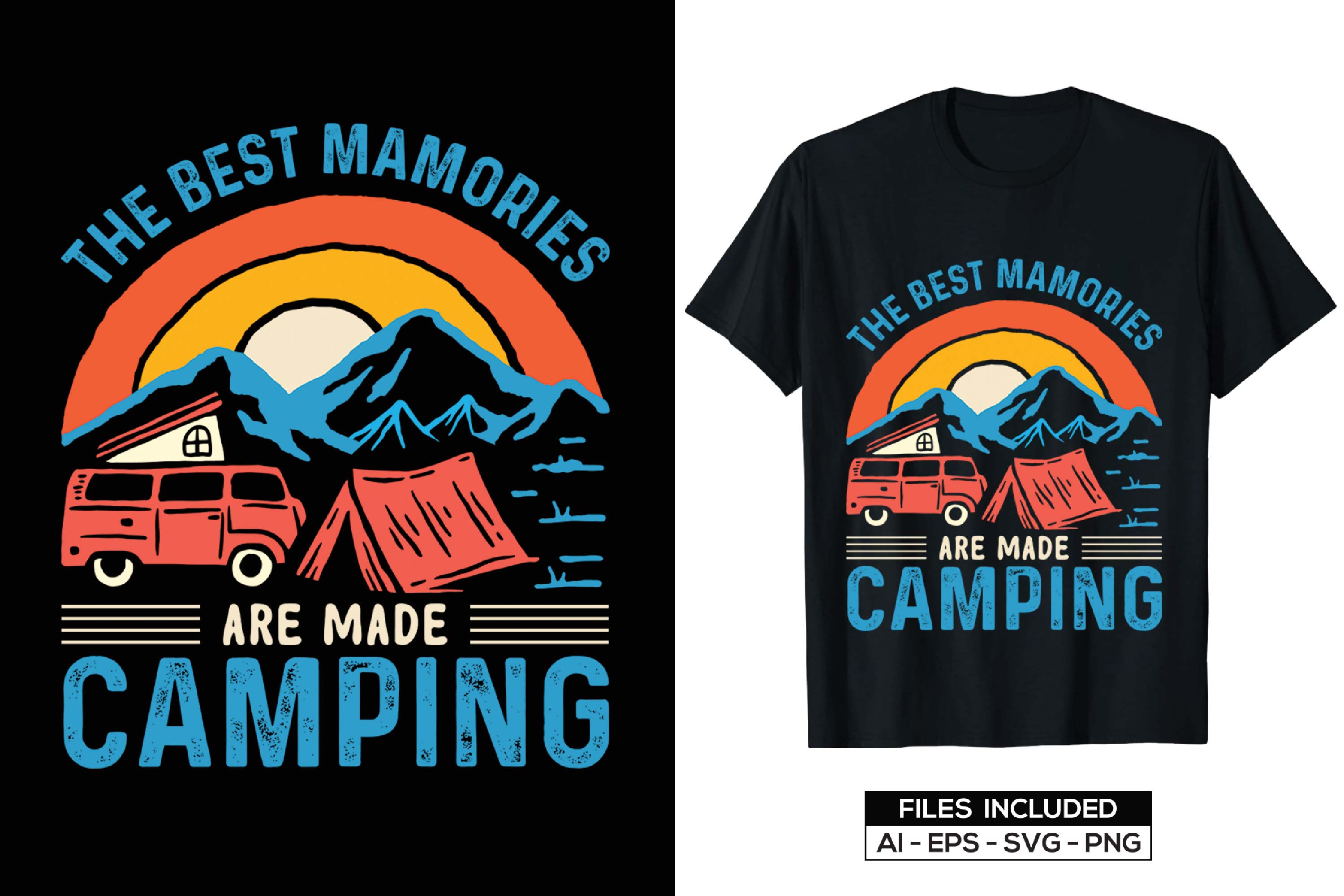 Image of a black T-shirt with an enchanting print on the theme of camping.
