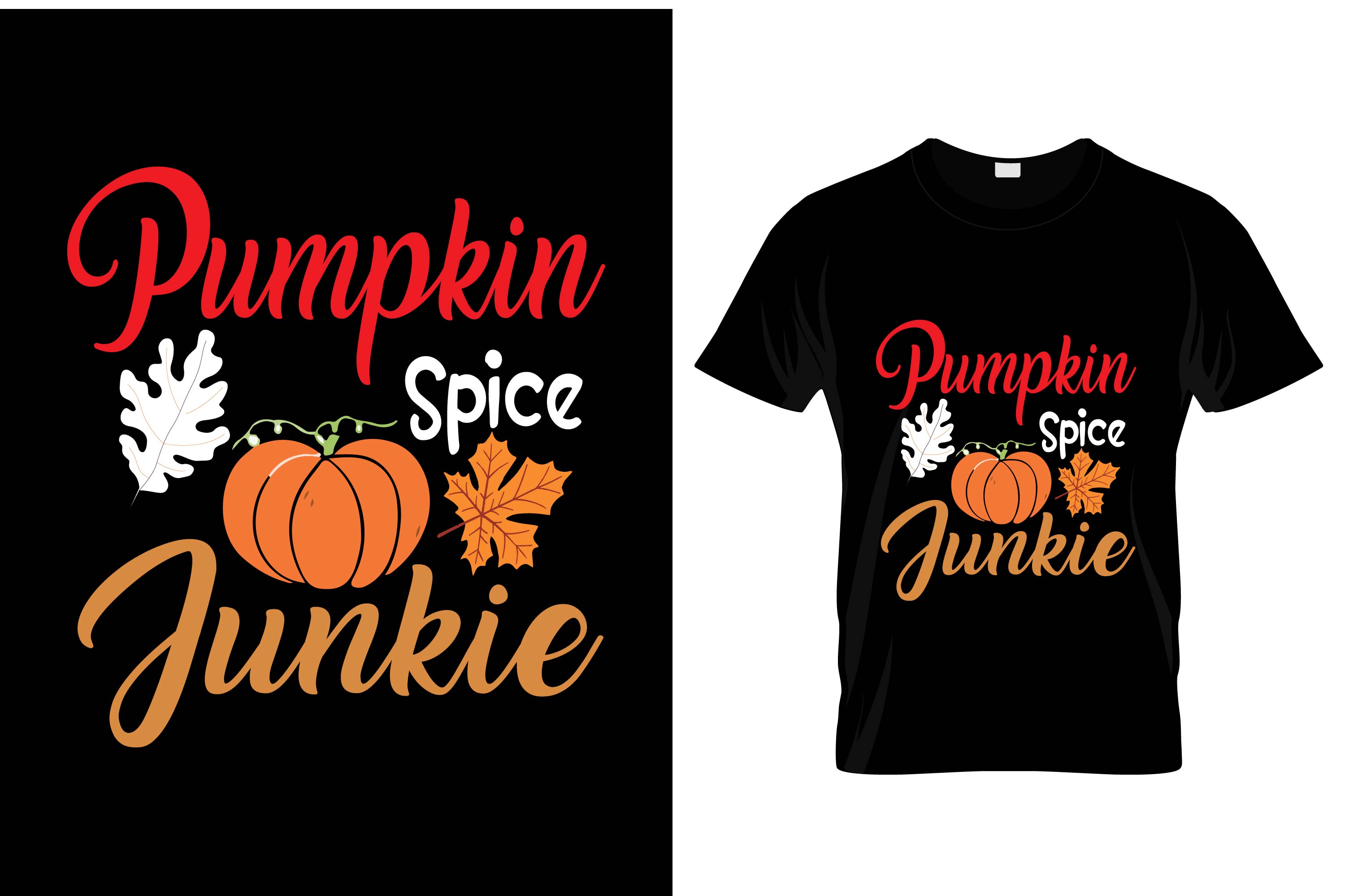 Image of a black T-shirt with an enchanting print of a pumpkin and an inscription on the theme of autumn.