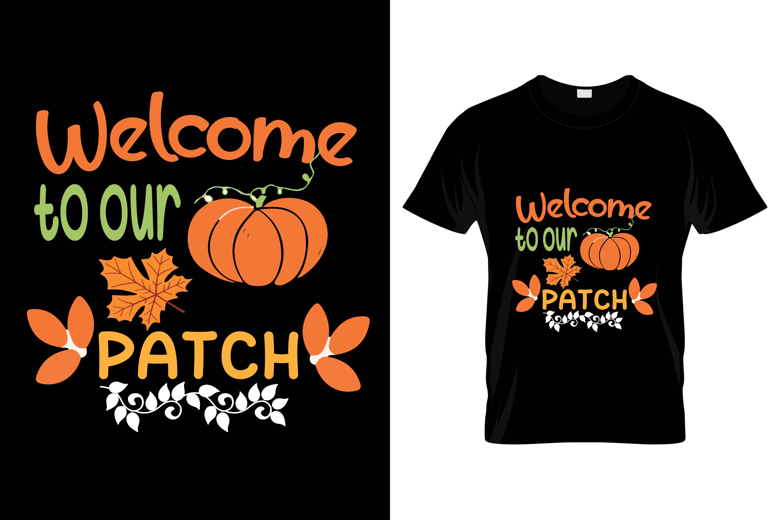 Image of a black t-shirt with an amazing print of a pumpkin and lettering on the theme of autumn.