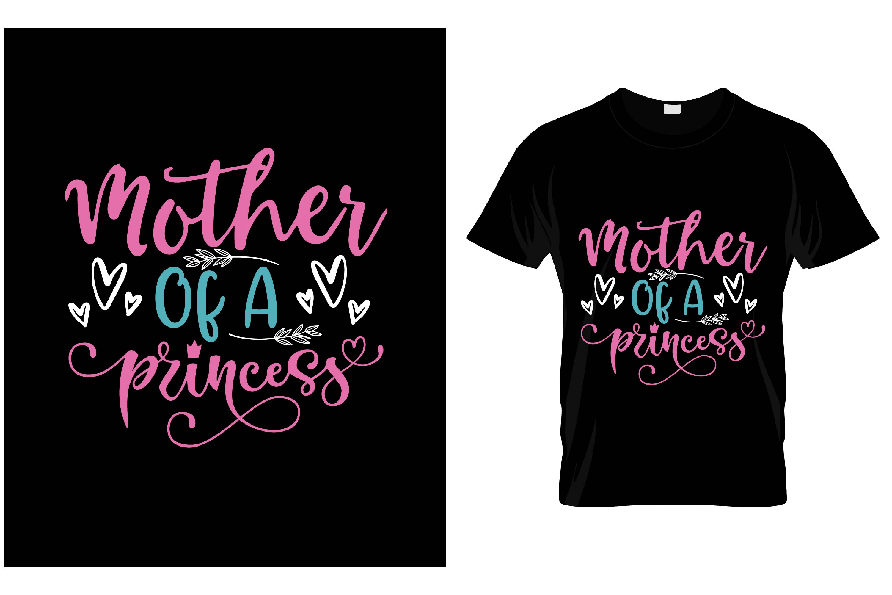 Image of a black t-shirt with a gorgeous print in pink and blue about mom.