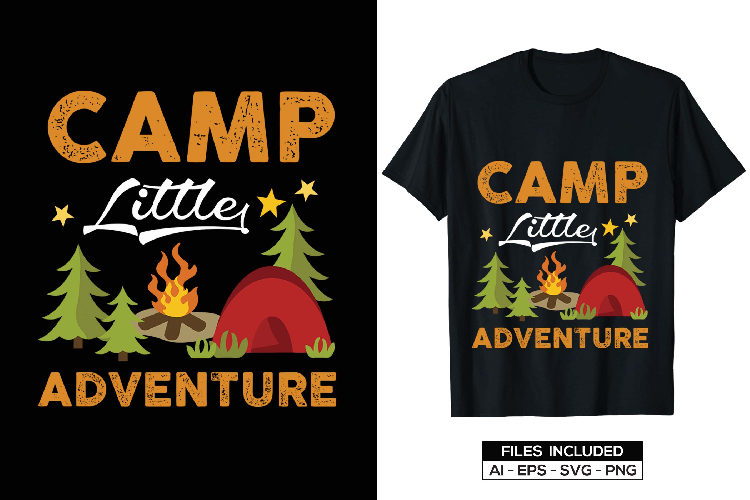 Image of a black t-shirt with an amazing camping themed print.