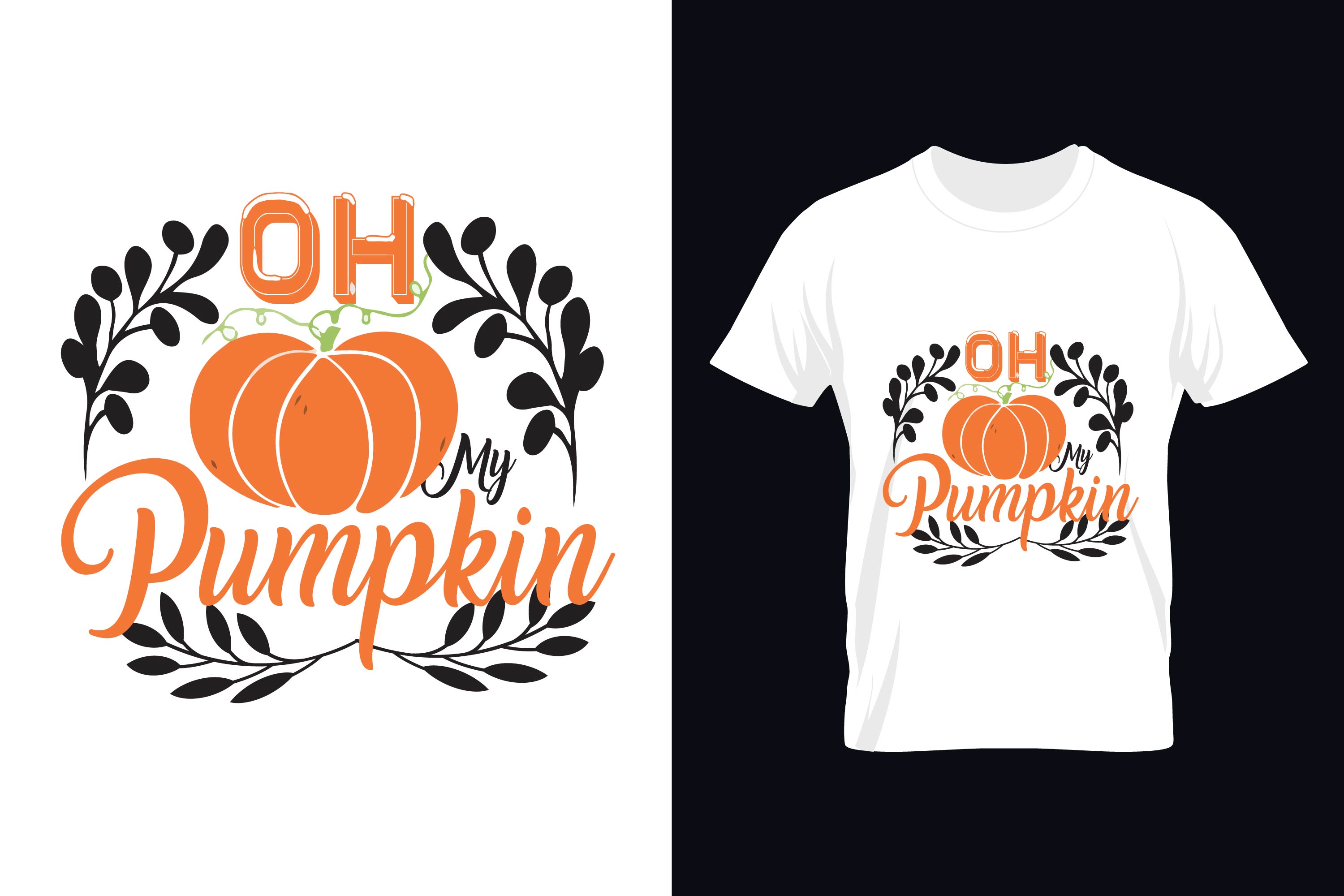 Image of a white t-shirt with an adorable print of a pumpkin and lettering on the theme of autumn.