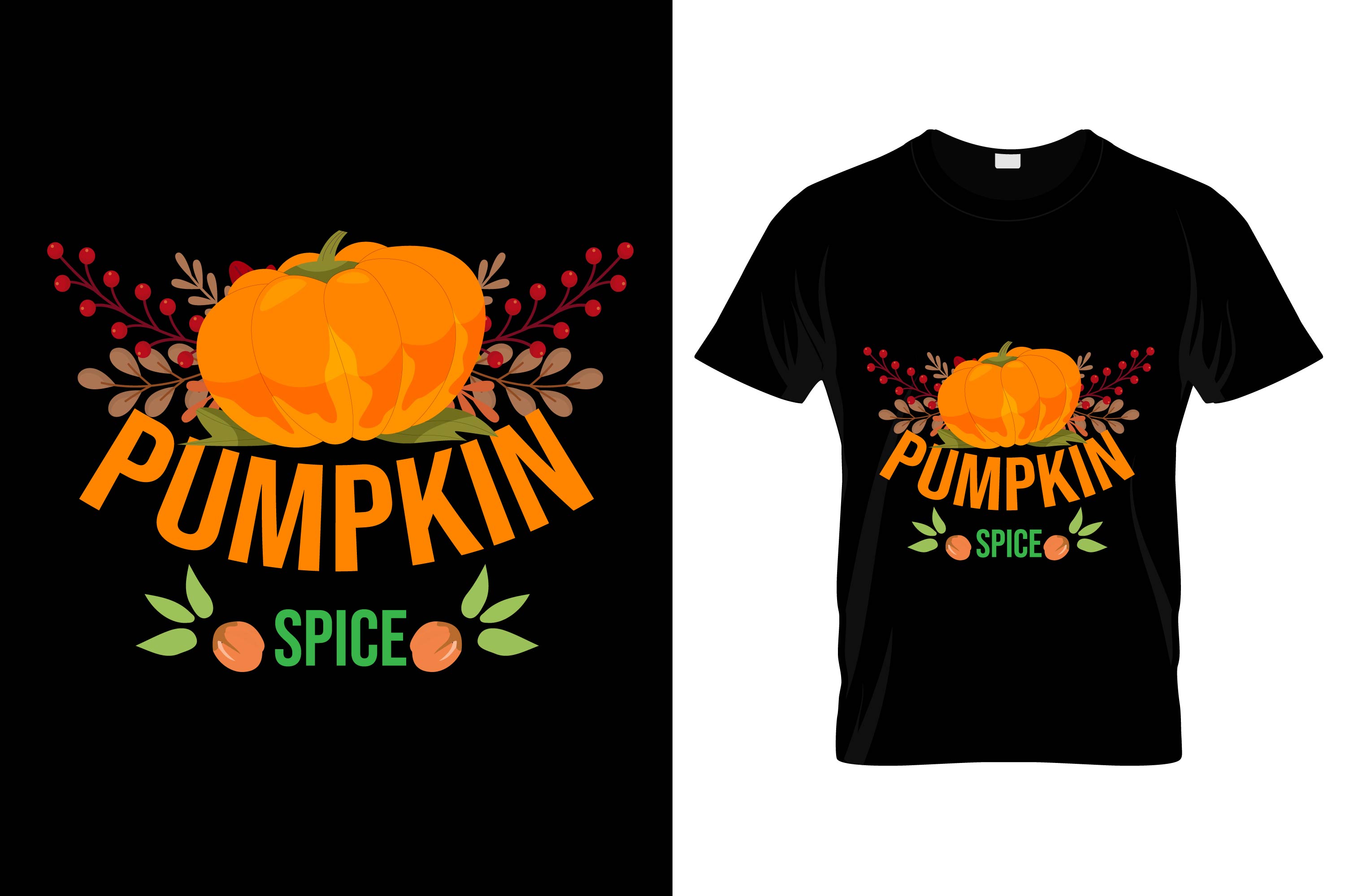 Image of a black t-shirt with a unique pumpkin print and lettering on the theme of autumn.