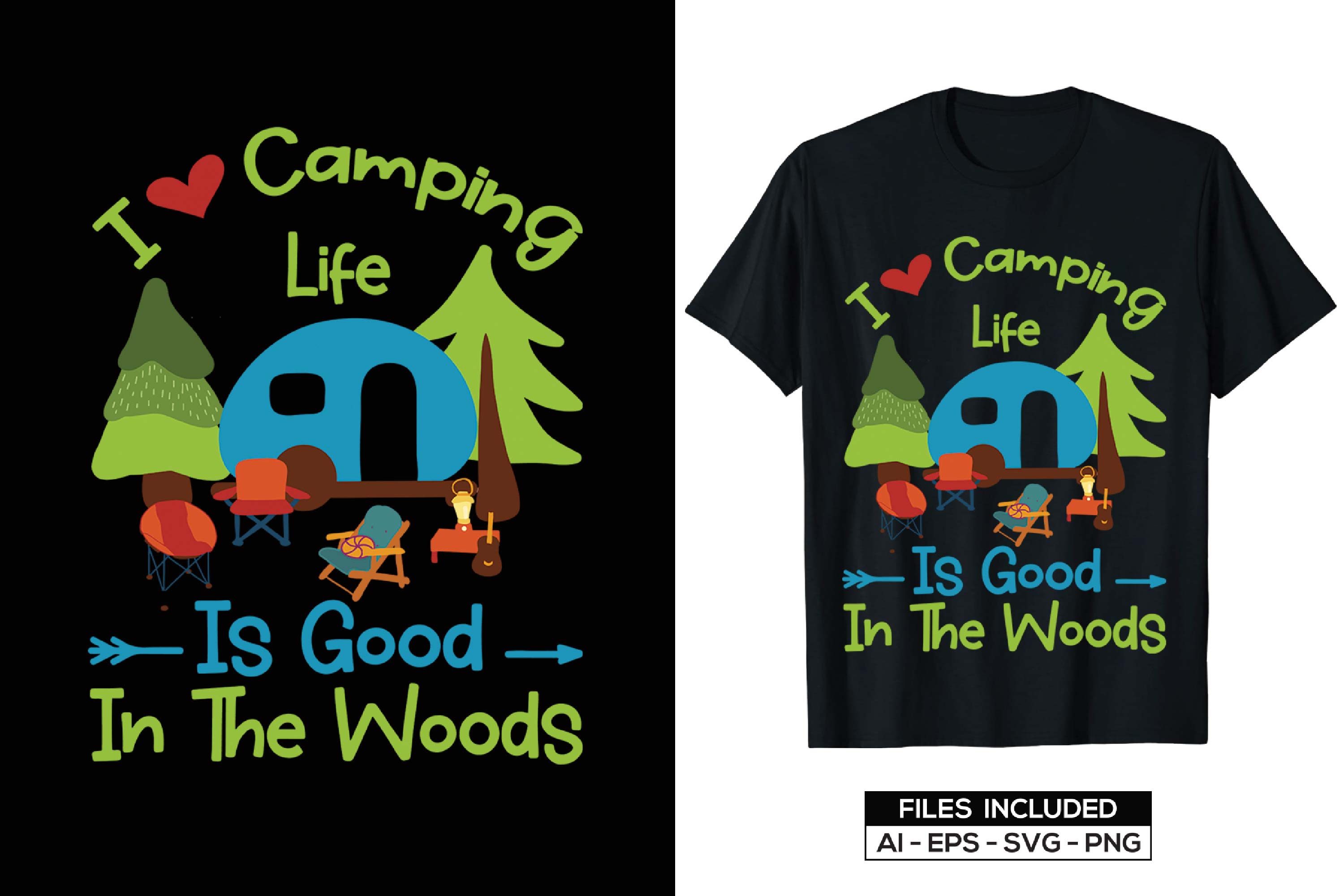 Image of a black t-shirt with a unique camping themed print.