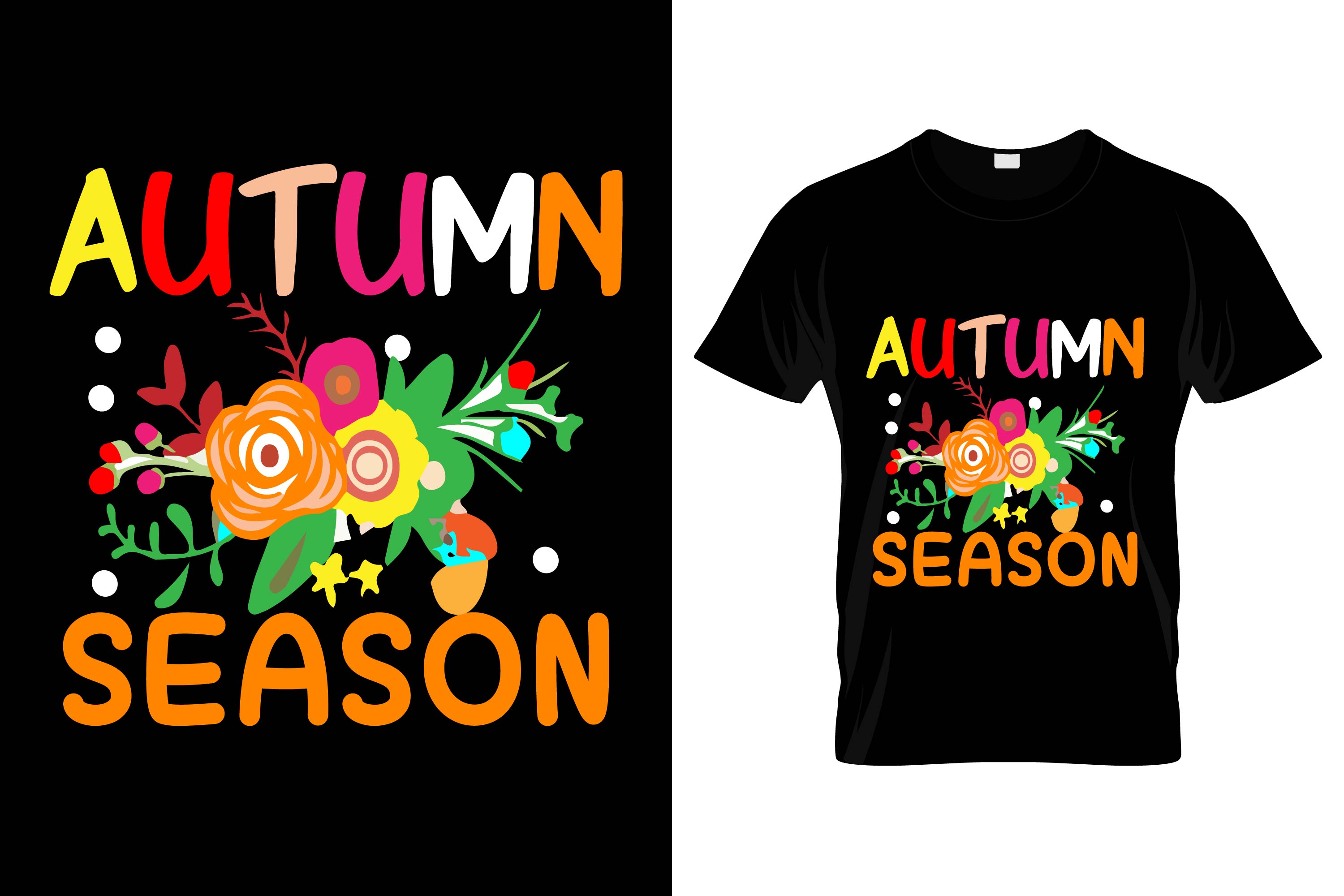 Image of a black t-shirt with an exquisite print of flowers and lettering on the theme of autumn.