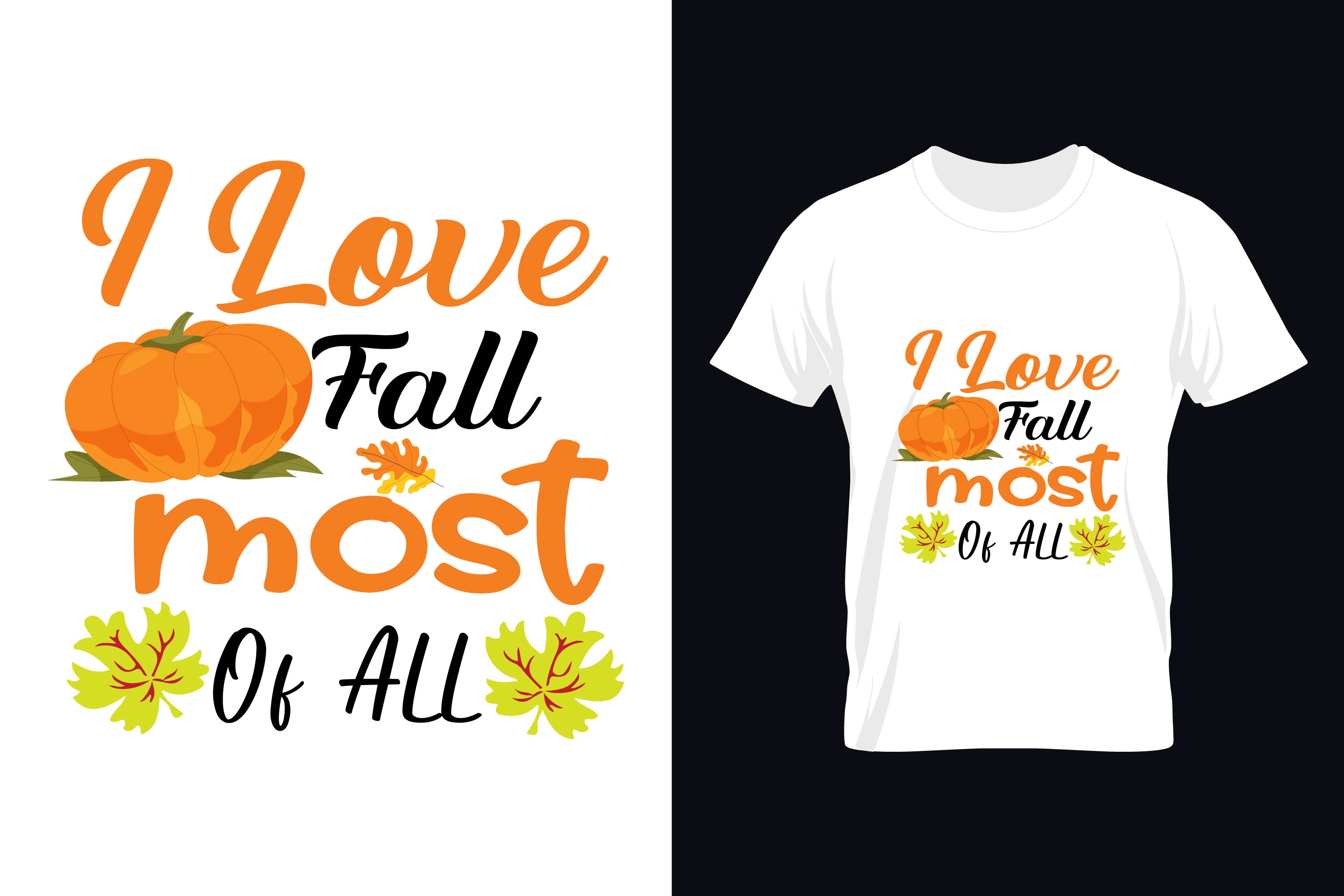 Image of a white t-shirt with a colorful print of a pumpkin and an inscription on the theme of autumn.