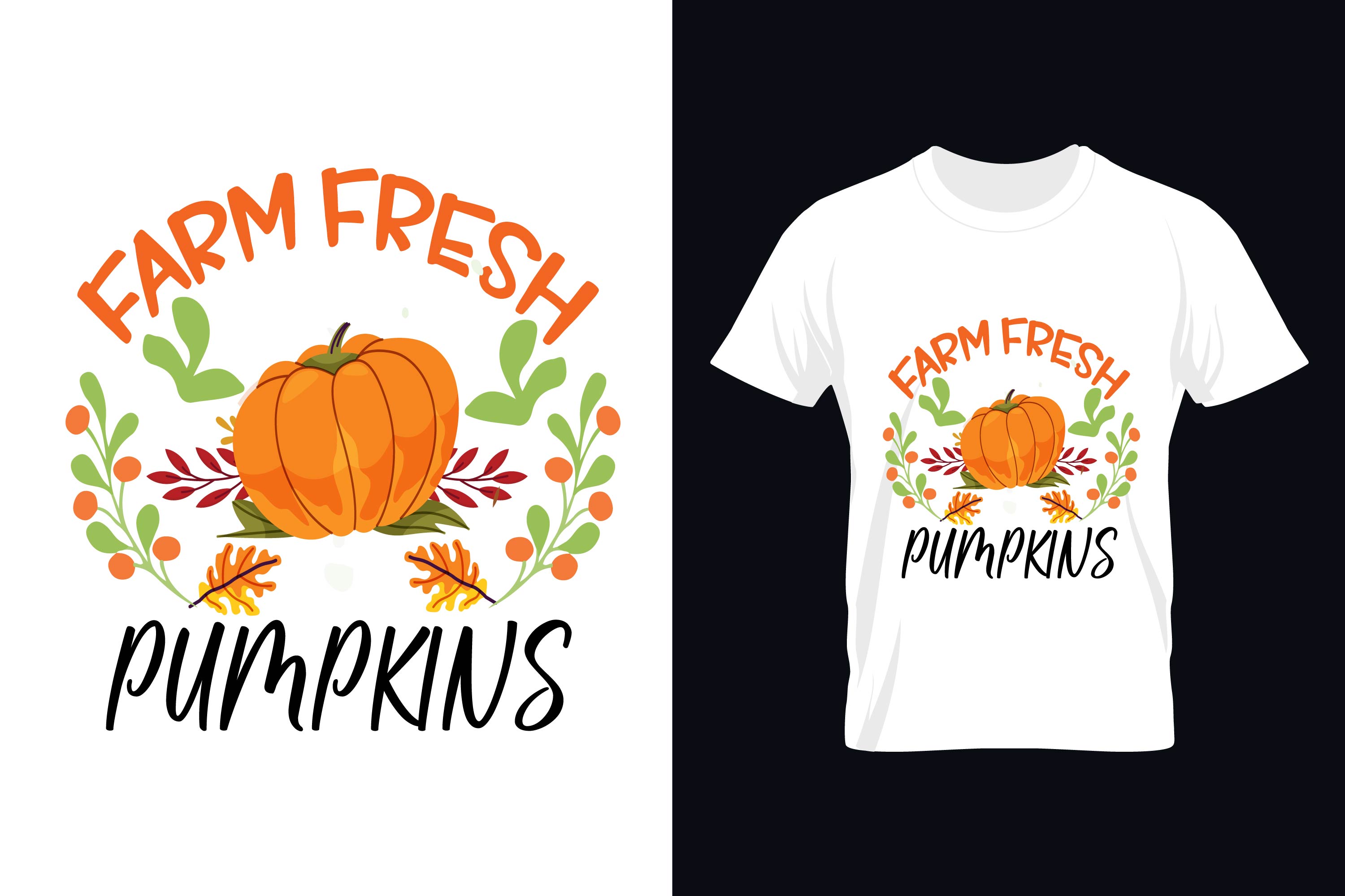 Image of a white t-shirt with a beautiful print of a pumpkin and an inscription on the theme of autumn.