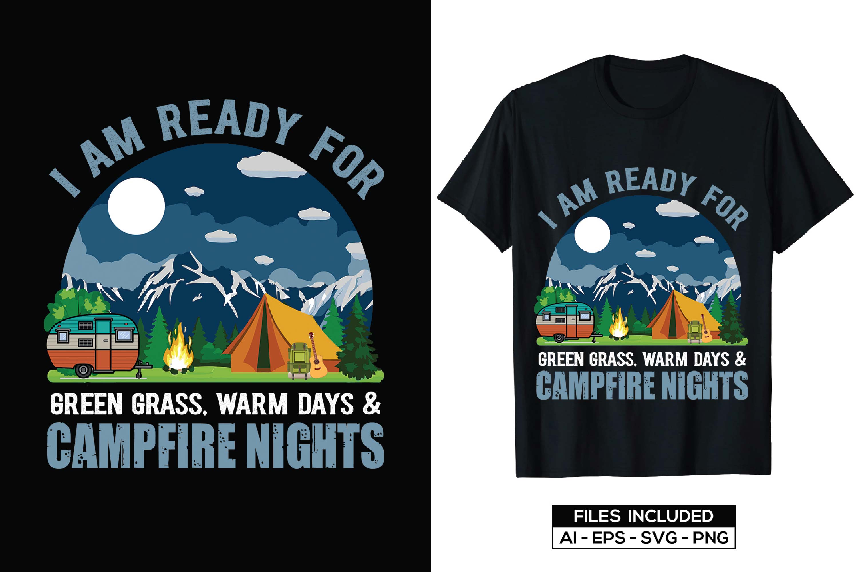 Image of a black T-shirt with a wonderful print on the theme of camping.