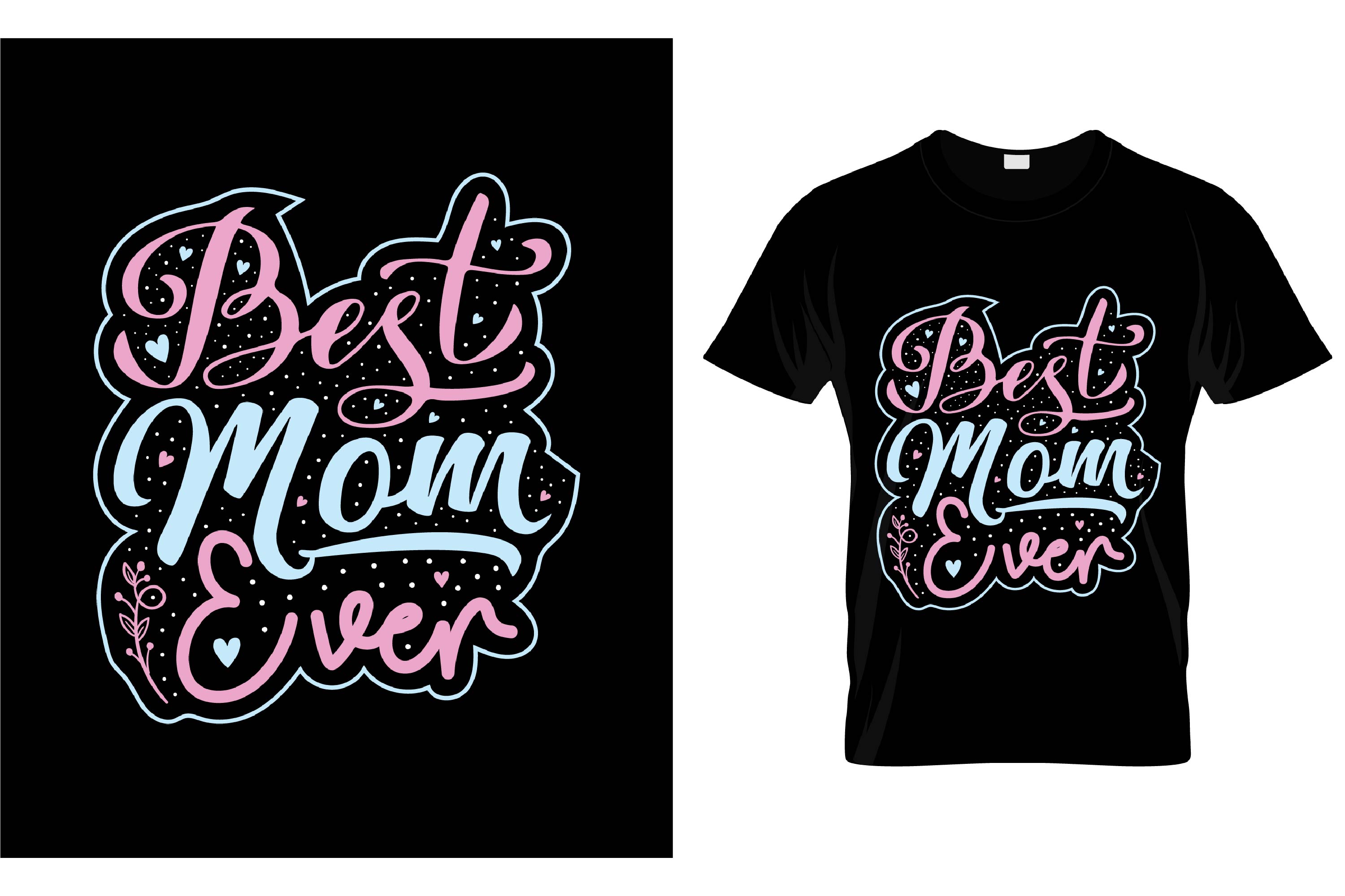 Image of a black t-shirt with an enchanting blue and pink print about mom.