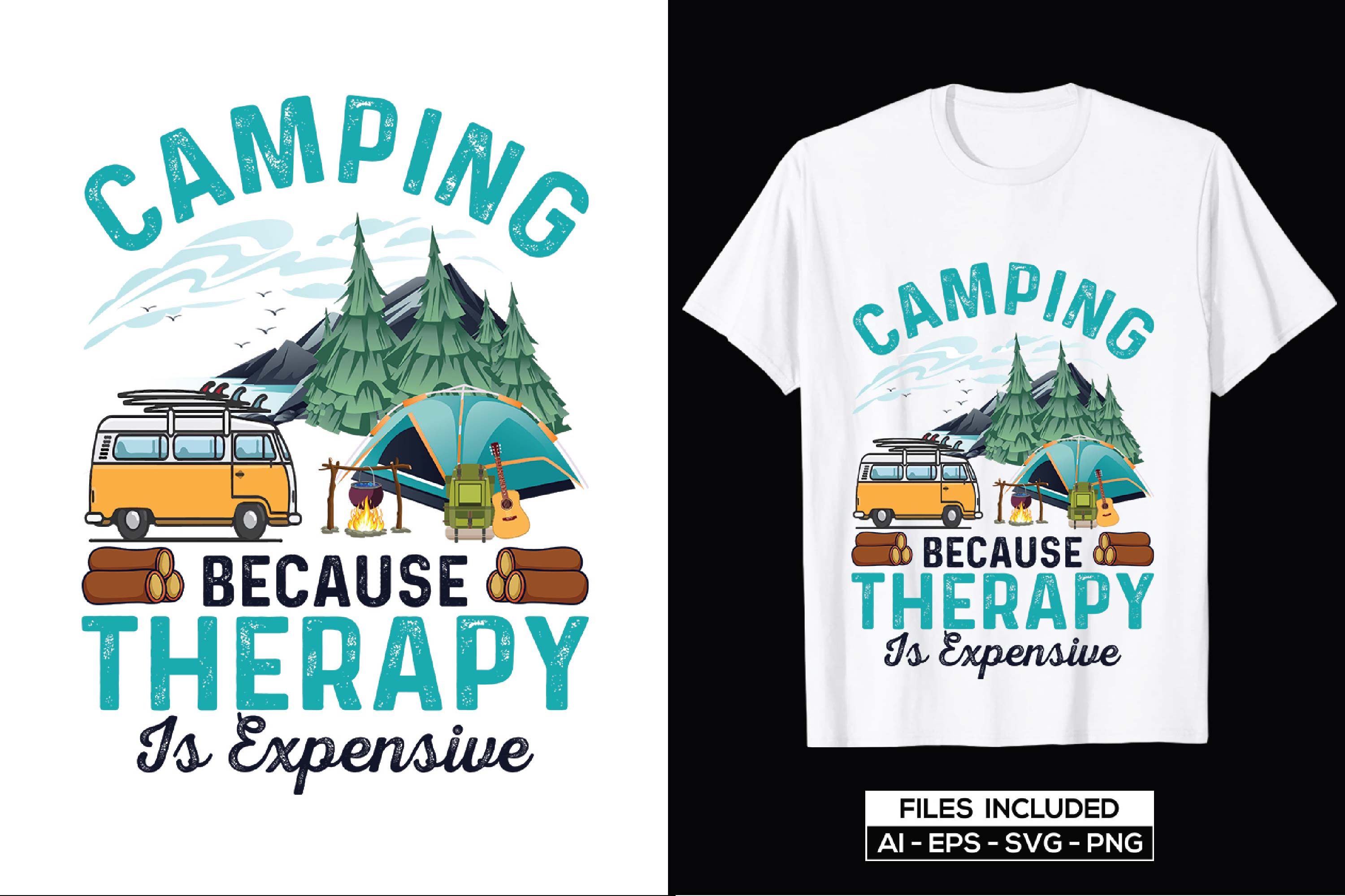 Image of a white t-shirt with an elegant print on the theme of camping and a colorful landscape.