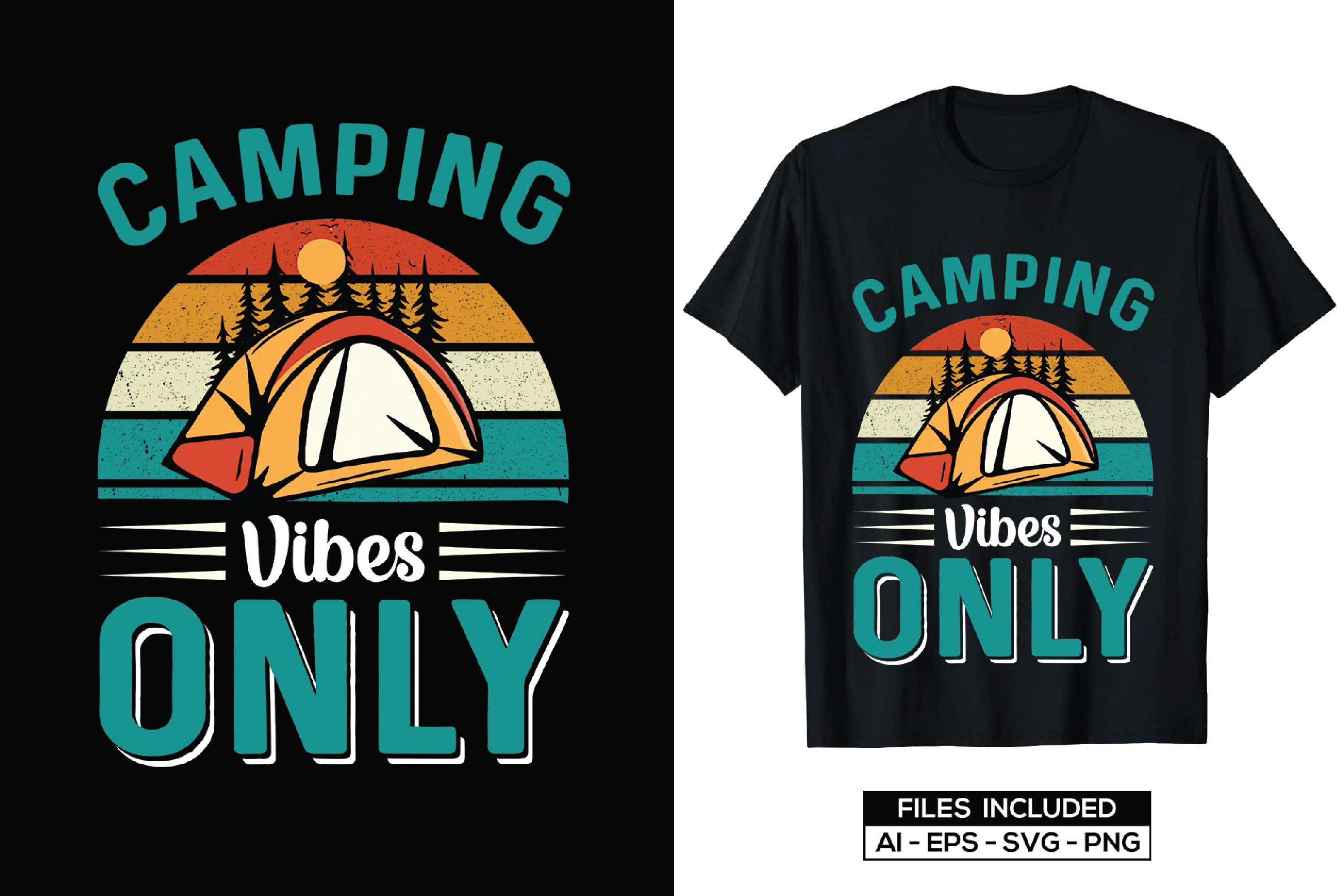 Image of a black T-shirt with an irresistible print on the theme of camping.