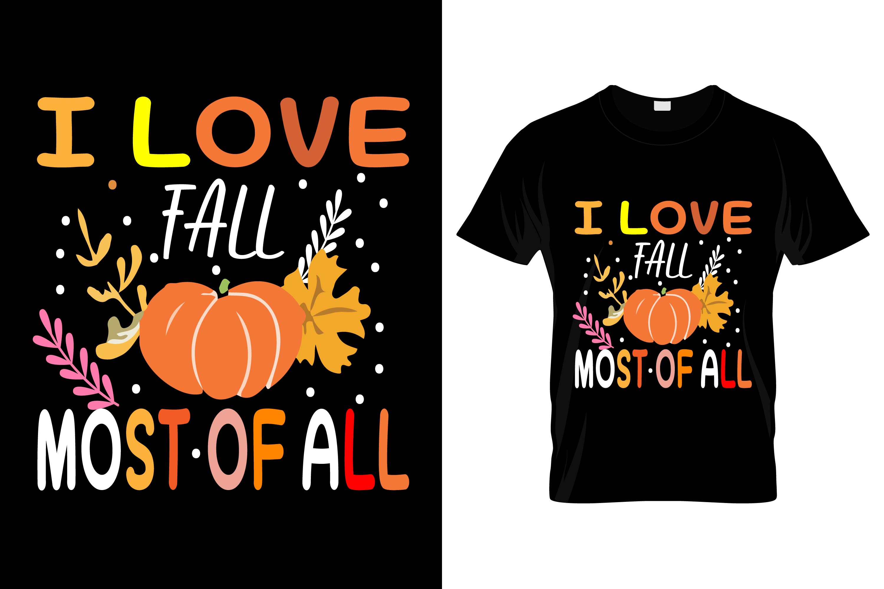 Image of a black t-shirt with a beautiful print of a pumpkin and an inscription on the theme of autumn.