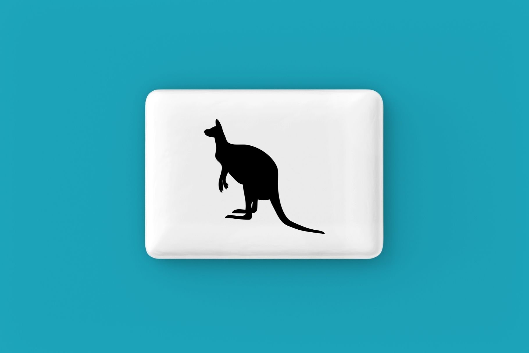 Turquoise background with the white button and kangaroo.