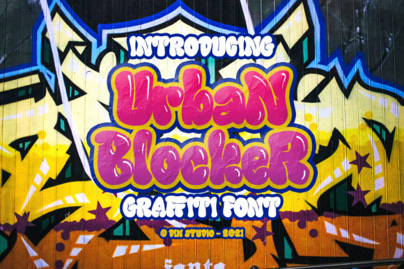 Pink and purple "Urban Blocker" lettering in graffiti font on a graffiti background.