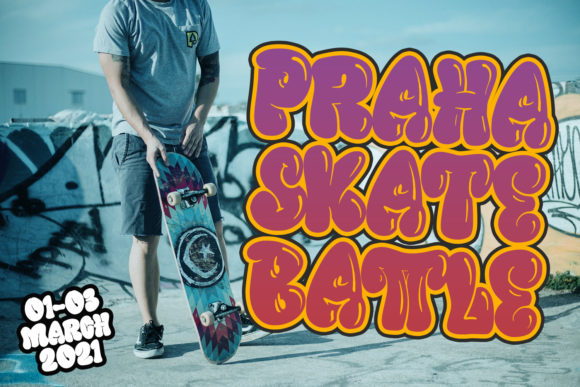 Pink and purple "Praha skate batle" lettering in graffiti font in yellow frame against a cool image.