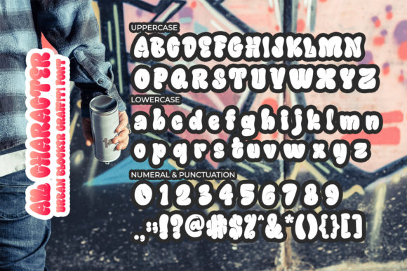 An example of white all uppercase and lowercase letters, numbers, and symbols in graffiti font against a cool image.