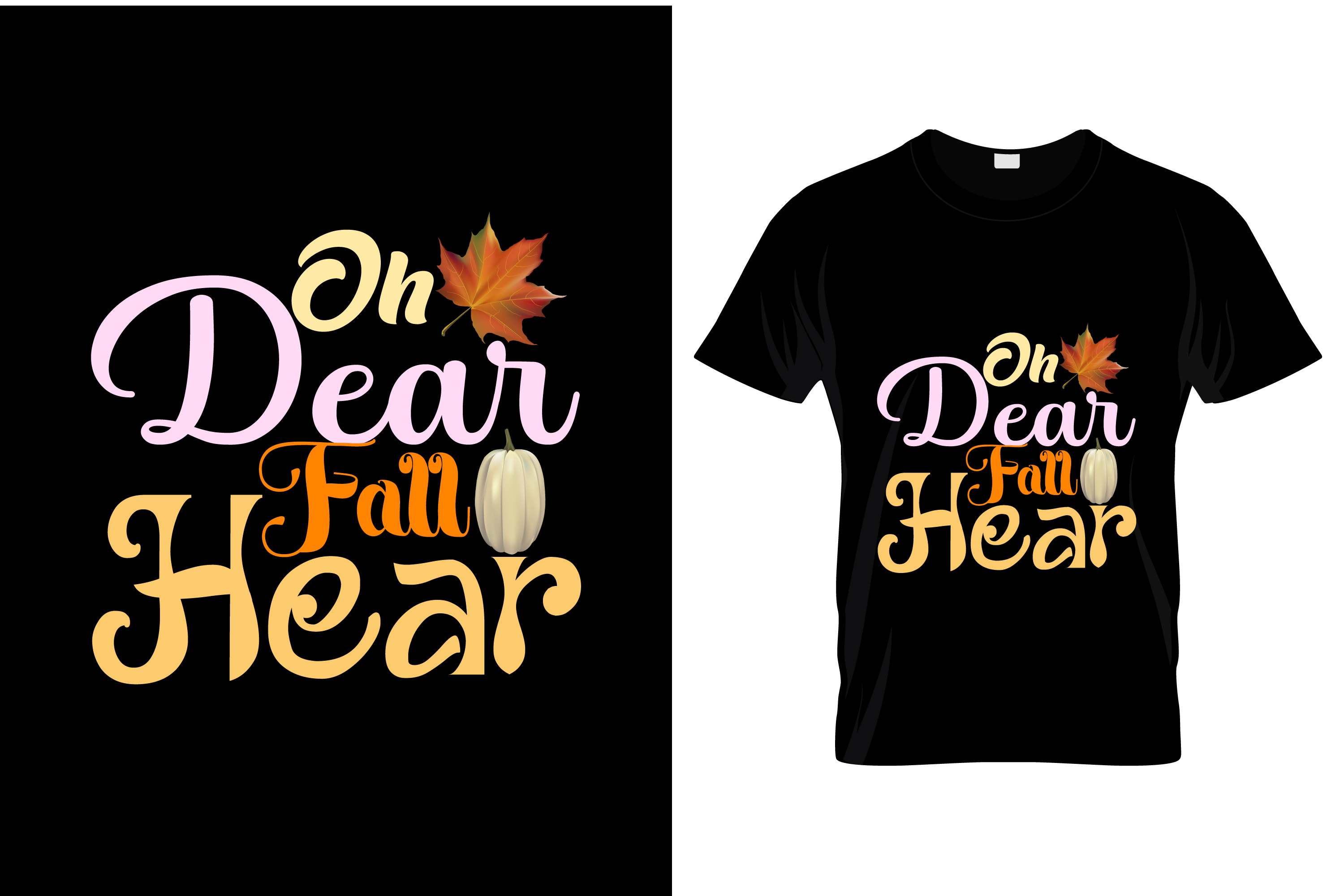 Image of a black t-shirt with a wonderful print on the theme of autumn.