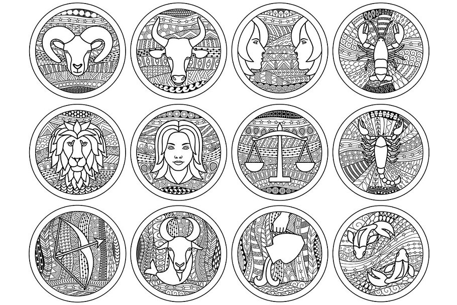 Diversity of lined zodiac signs collection.