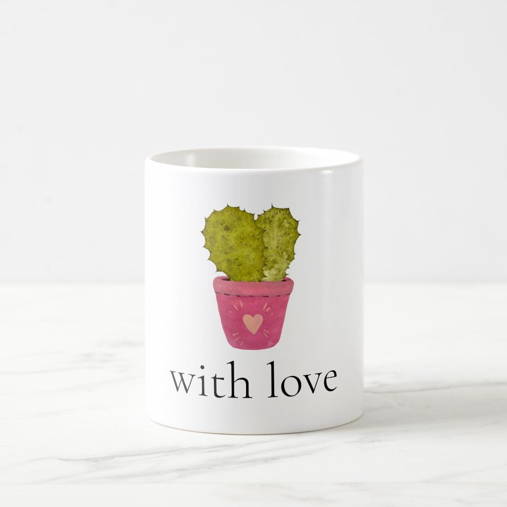 Valentines Cactus in a Pot With Pink Heart Coffee Mug preview image.