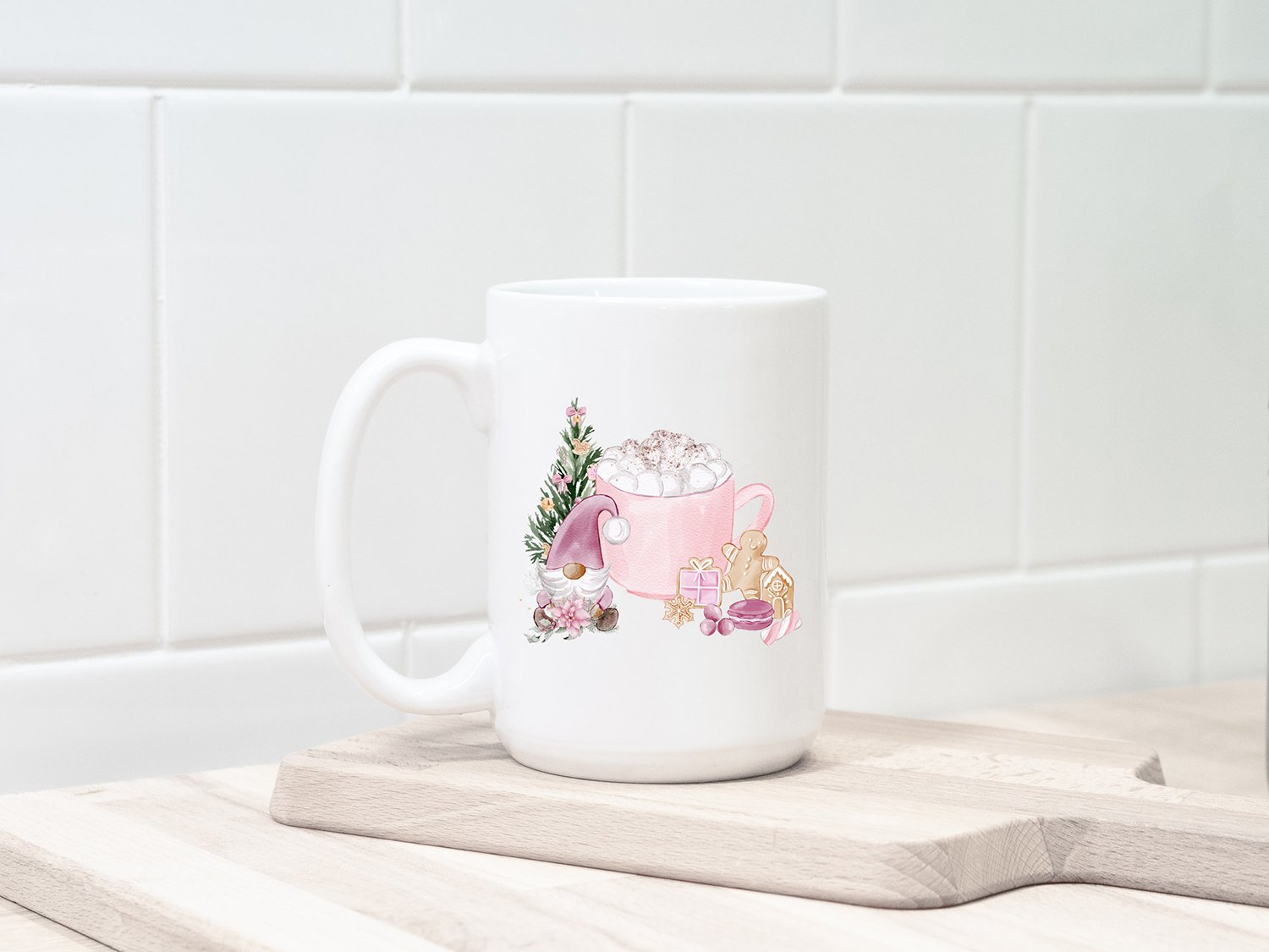 Big white tea cup with Christmas pink graphic.
