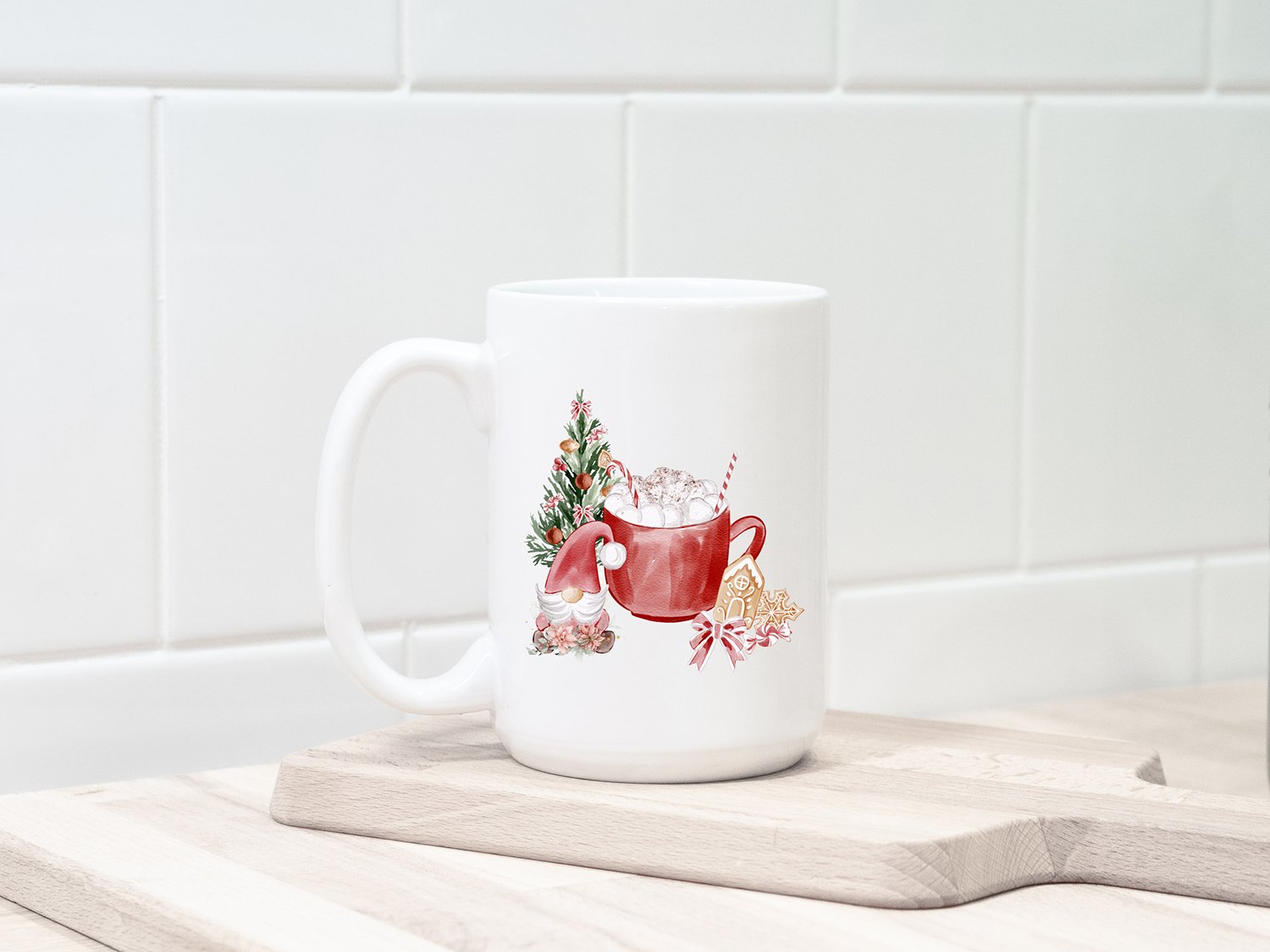 Nice big white cup with the Christmas illustration.